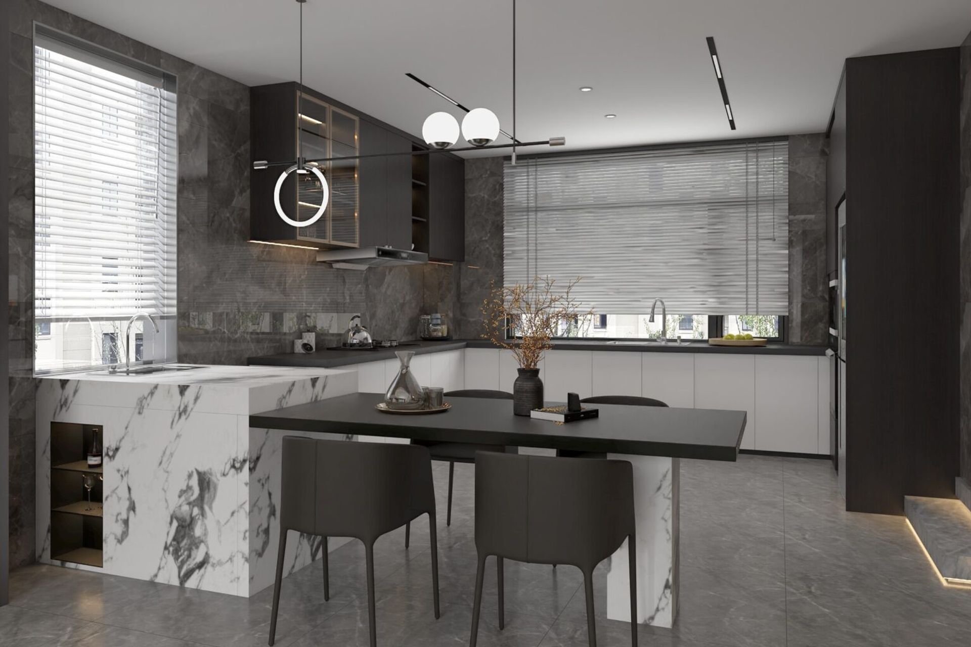This kitchen however showcases pendent lighting low above the island to create a design element.