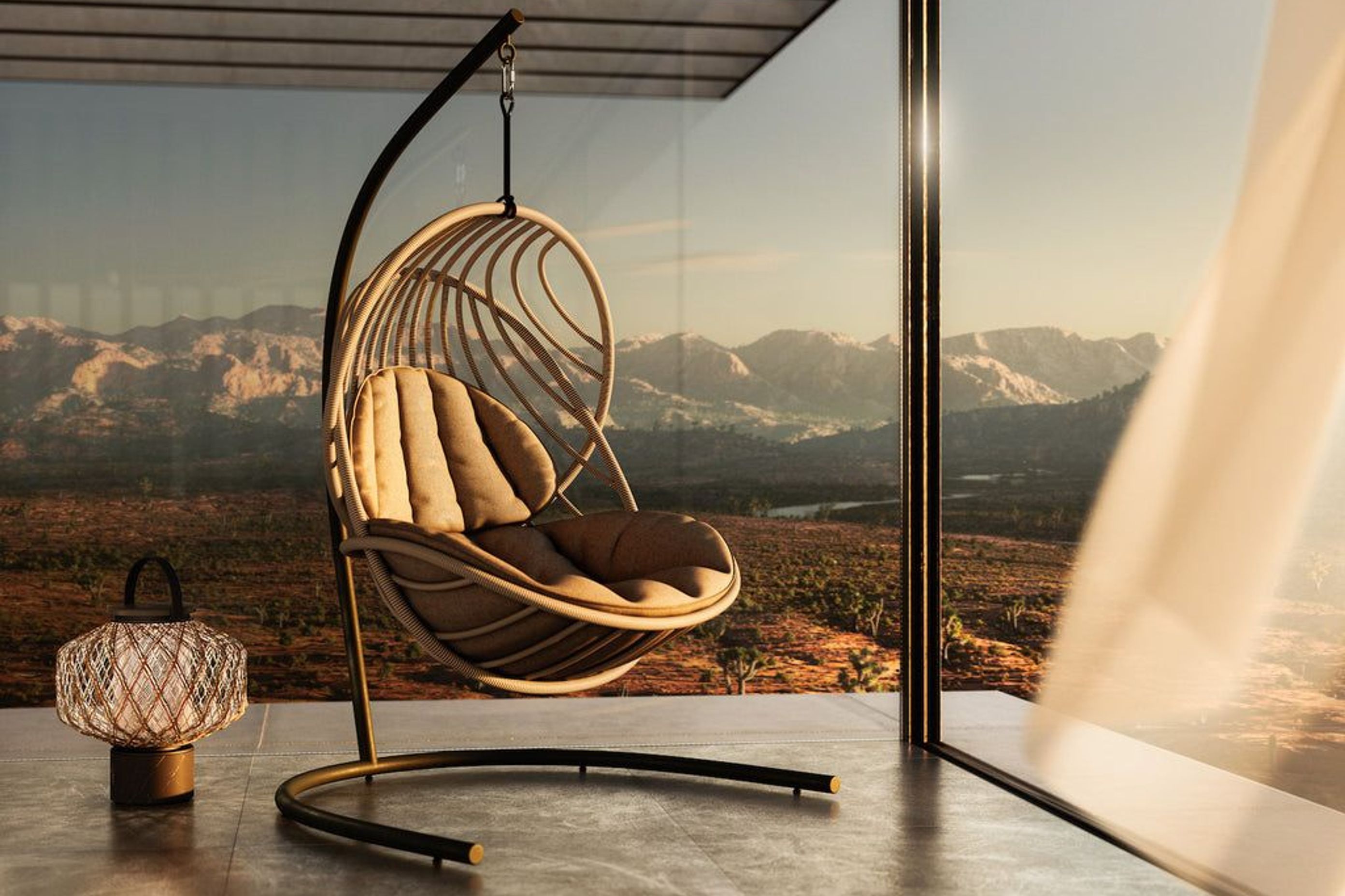 Stephen Burks’ Kida Hanging Lounge Chair and The Others outdoor lighting.