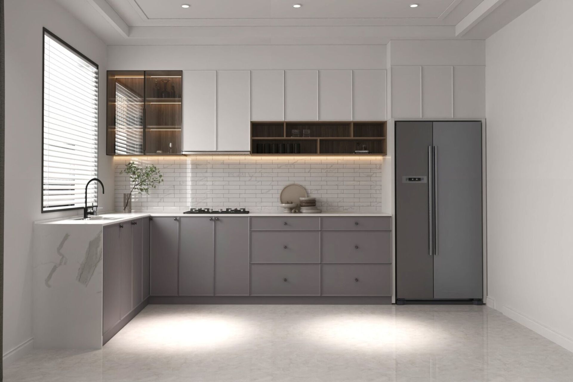This rendering shows the placement of different lights at different levels. This shows the recessed lighting on the ceiling complemented by under cabinet lighting