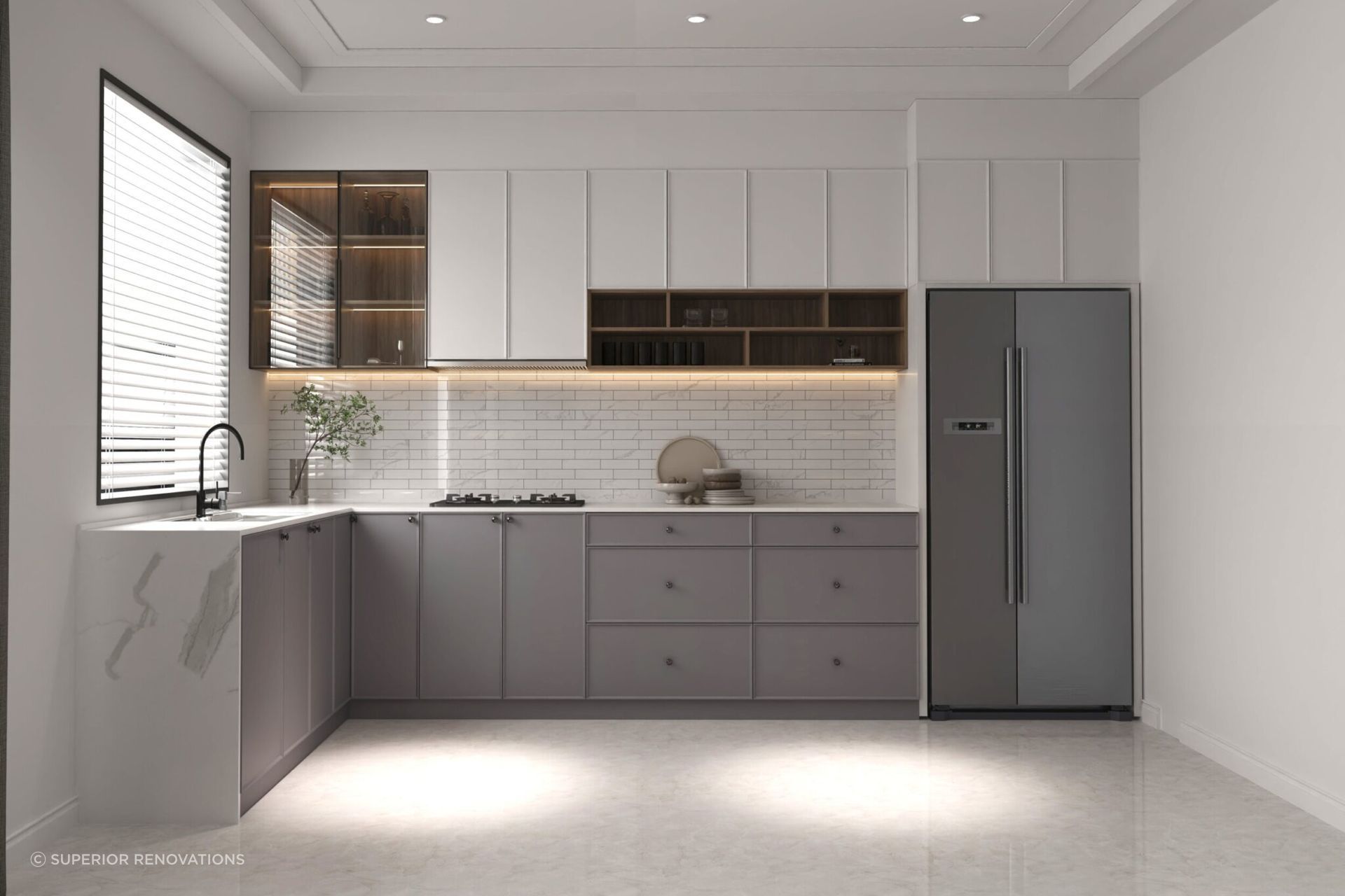 A soft kitchen design uses simple yet clever use of lighting for a warm kitchen design.
