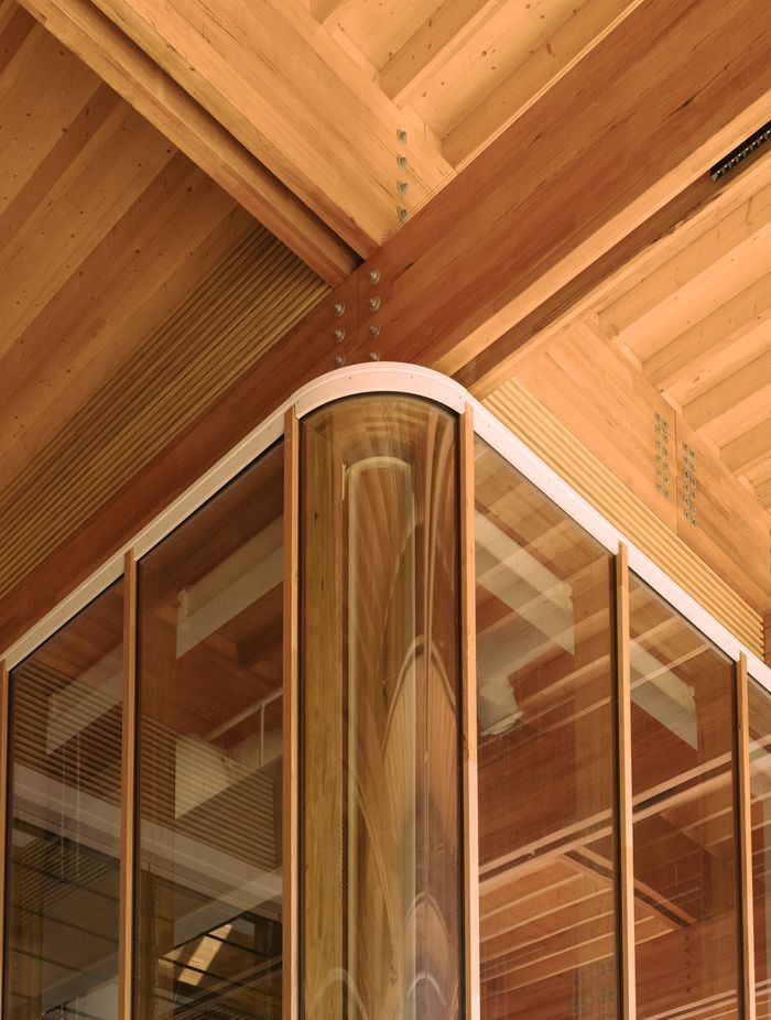 Close up perspective of MASSLAM glulam columns and beams working seamlessly together at AMRF First Building. Image: Vinchy Wu