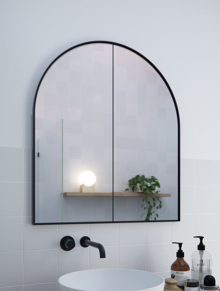 This arch mirror suits Mediterranean style bathrooms. Featured product: Arch Mirror Cabinet