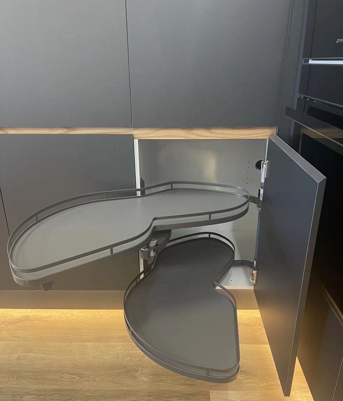 Magic corner in our kitchen showroom for our matte black modern kitchen