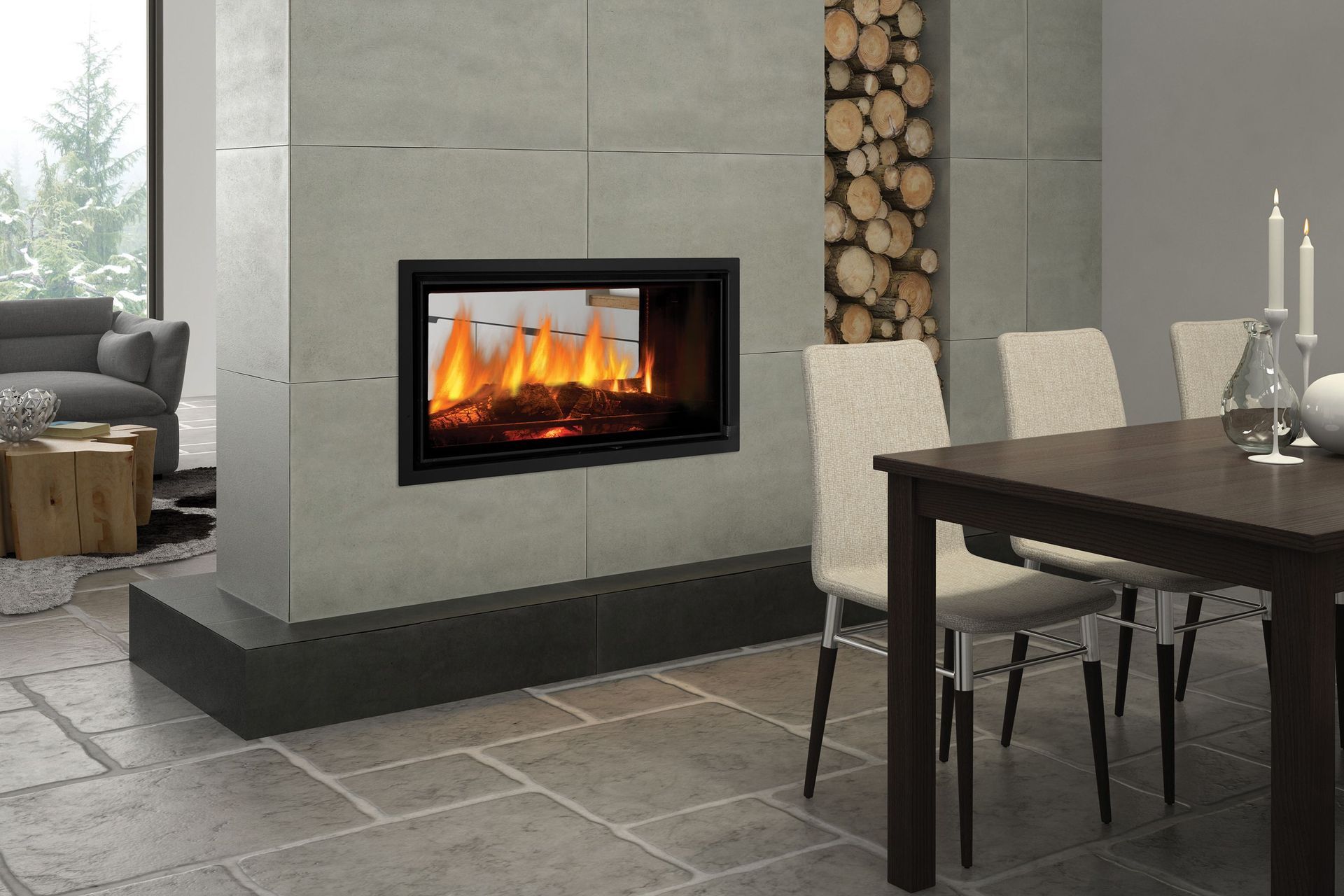 A see through fireplace is an elegant way to divide two spaces while retaining some feeling of openness.