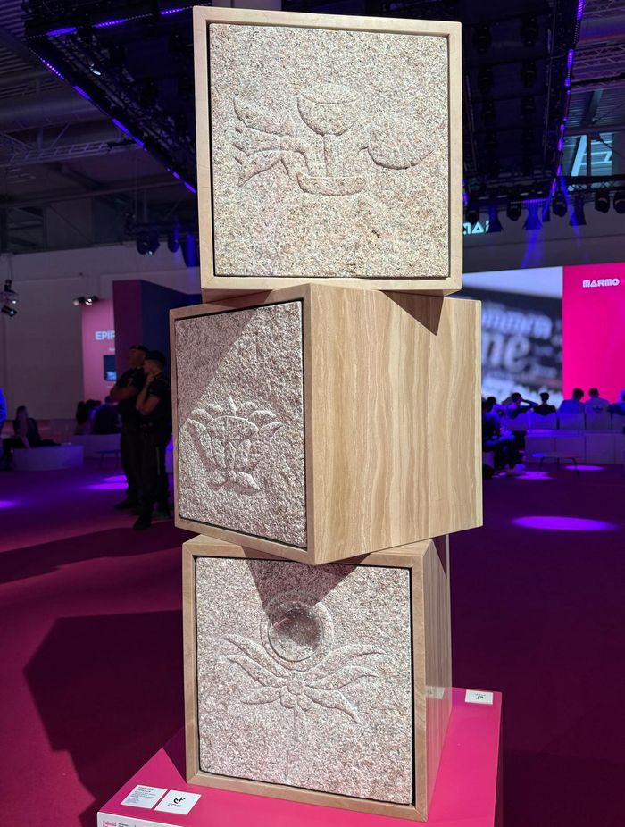 Innovation on display at Marmomac 2025. This sculptural installation pairs carved stone with timber, showcasing the blend of traditional craftsmanship and contemporary design that defined this year's fair.