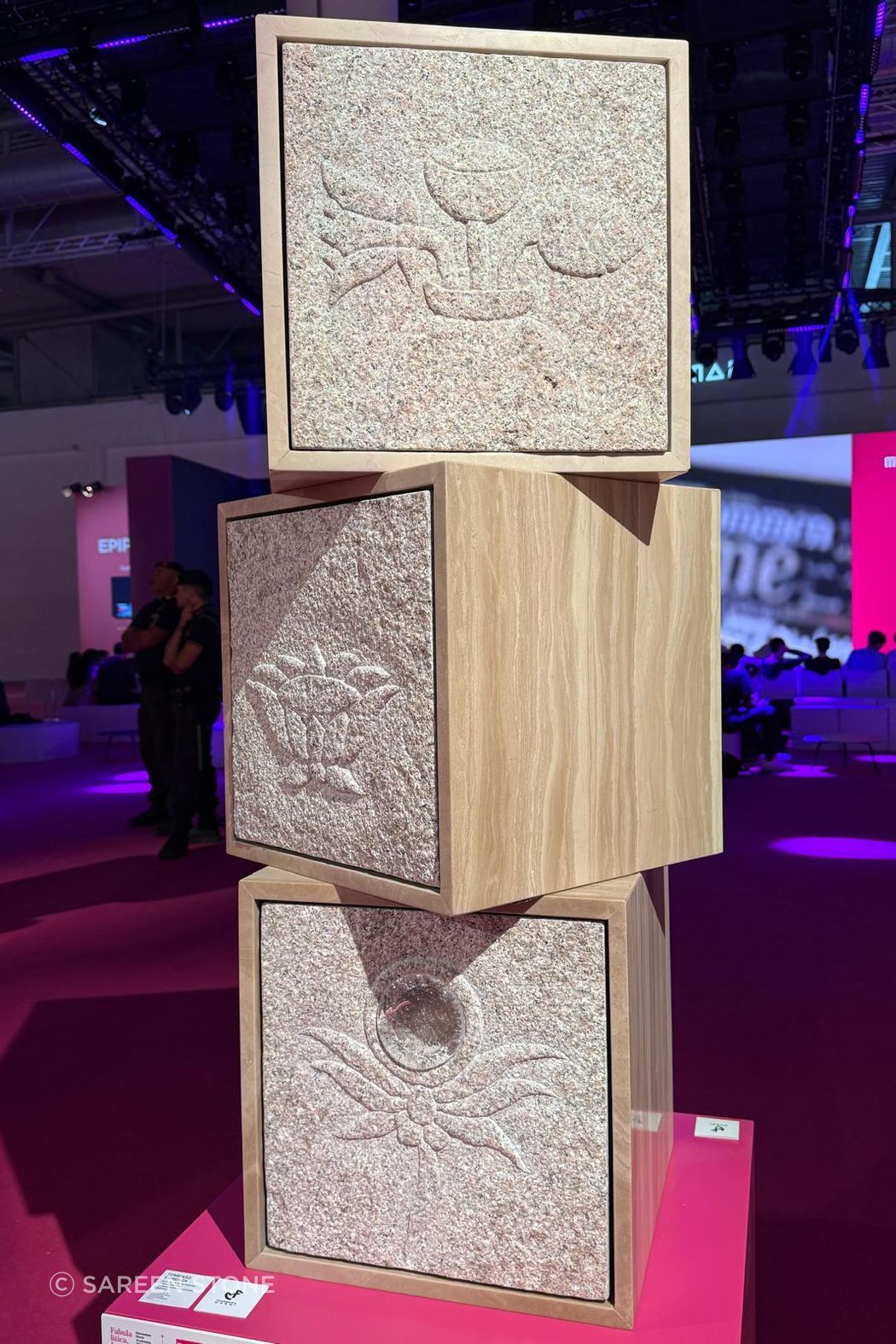 Innovation on display at Marmomac 2025. This sculptural installation pairs carved stone with timber, showcasing the blend of traditional craftsmanship and contemporary design that defined this year's fair.