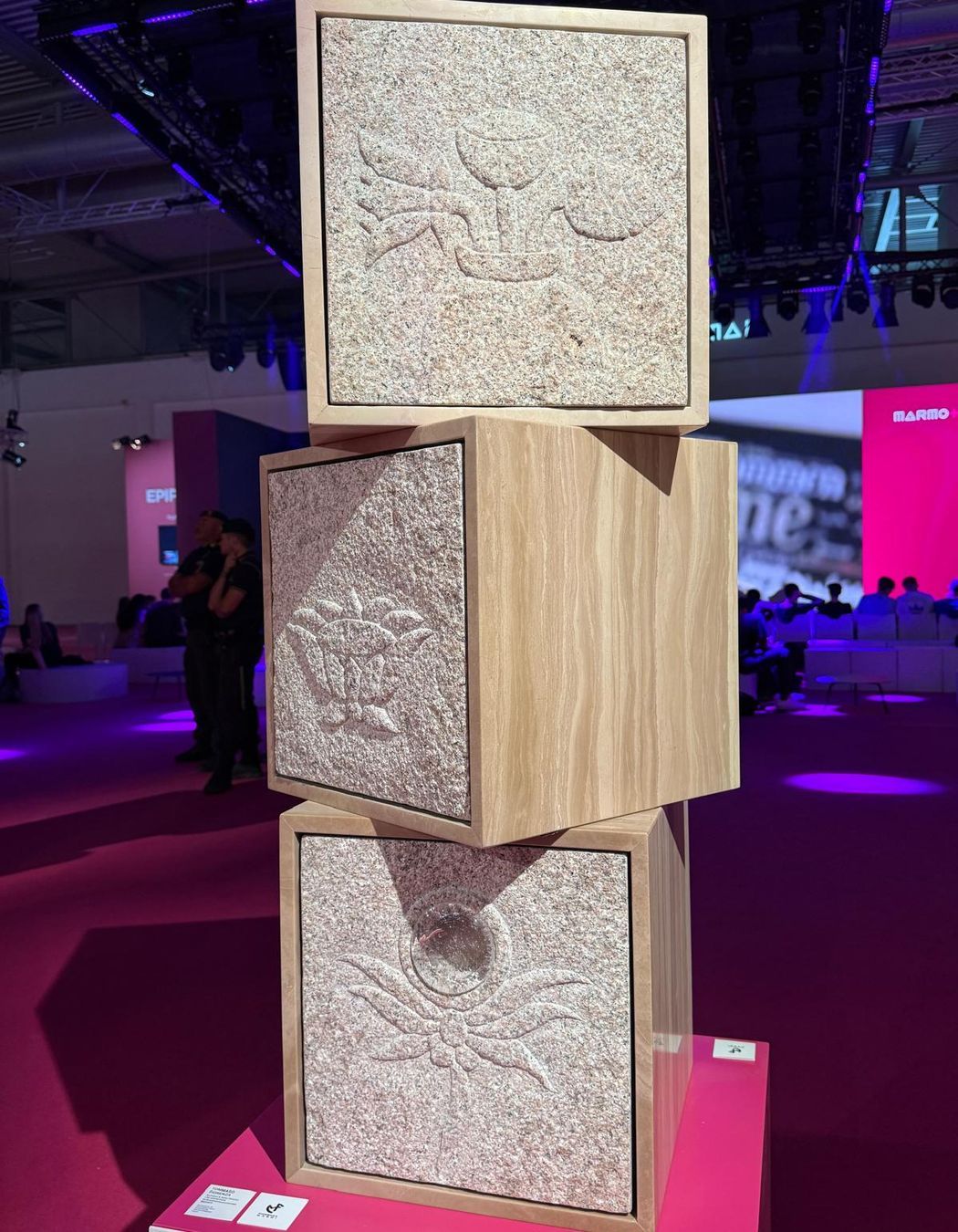 Innovation on display at Marmomac 2025. This sculptural installation pairs carved stone with timber, showcasing the blend of traditional craftsmanship and contemporary design that defined this year's fair.