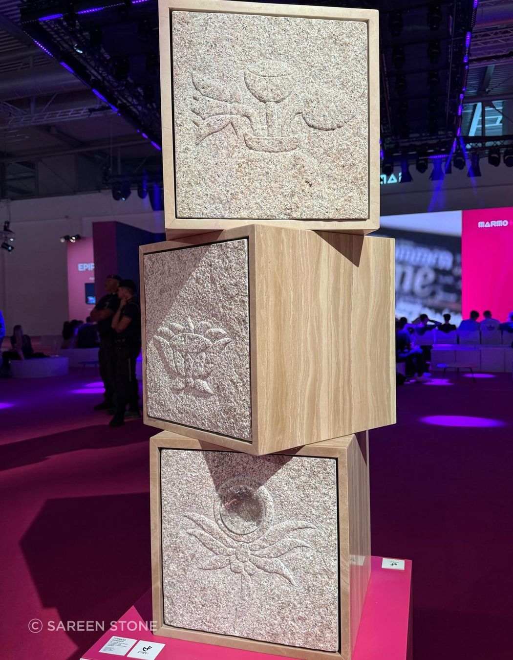 Innovation on display at Marmomac 2025. This sculptural installation pairs carved stone with timber, showcasing the blend of traditional craftsmanship and contemporary design that defined this year's fair.