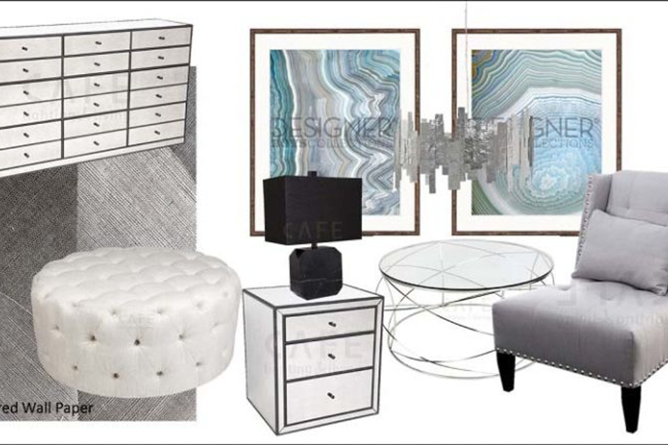 ‘Silver Elegance’ is the theme of this master suite design collage