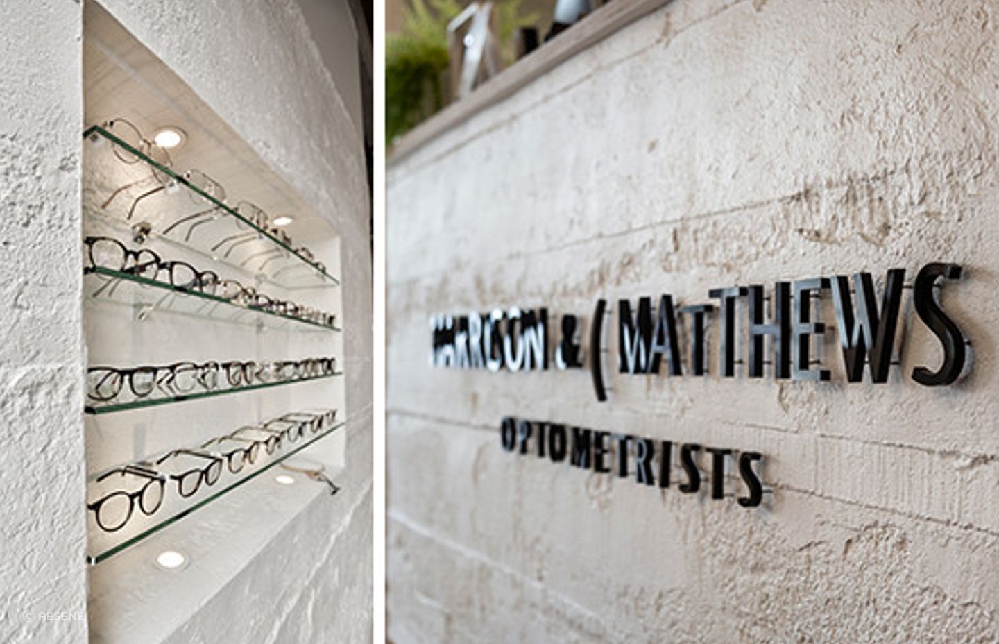 Muros Grey Roughcast Concrete wall panels were installed horizontally on walls, columns and the front counter then painted in Resene Black White at Harrison & Mathews Optometrists in Ponsonby, Auckland. Design by The Fit Out Company.