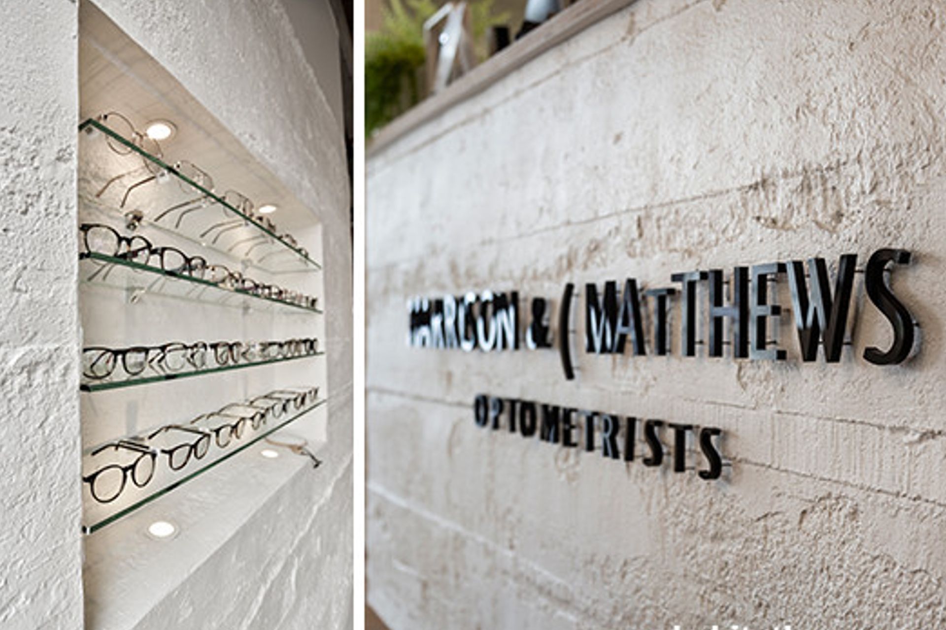 Muros Grey Roughcast Concrete wall panels were installed horizontally on walls, columns and the front counter then painted in Resene Black White at Harrison & Mathews Optometrists in Ponsonby, Auckland. Design by The Fit Out Company.