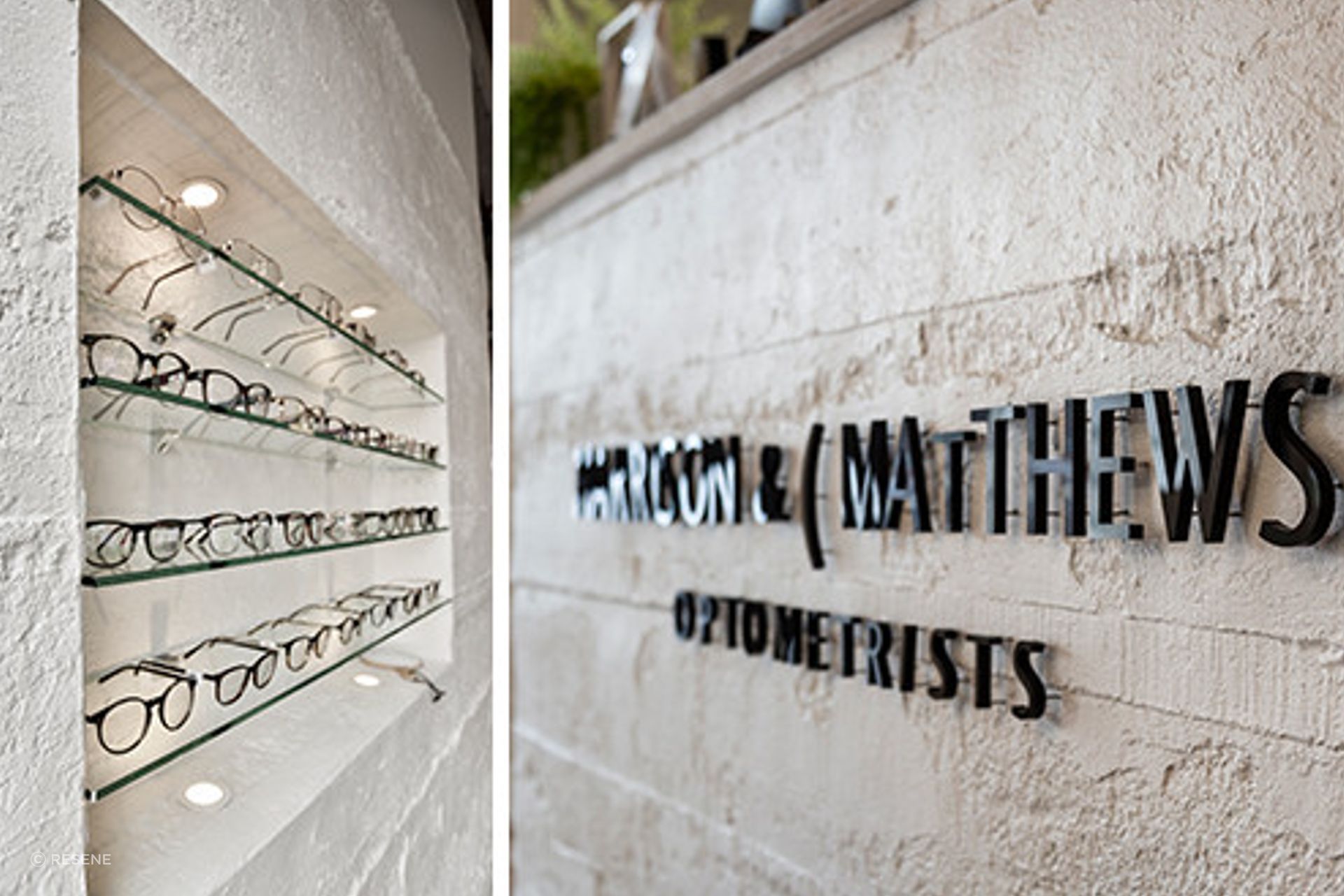 Muros Grey Roughcast Concrete wall panels were installed horizontally on walls, columns and the front counter then painted in Resene Black White at Harrison & Mathews Optometrists in Ponsonby, Auckland. Design by The Fit Out Company.