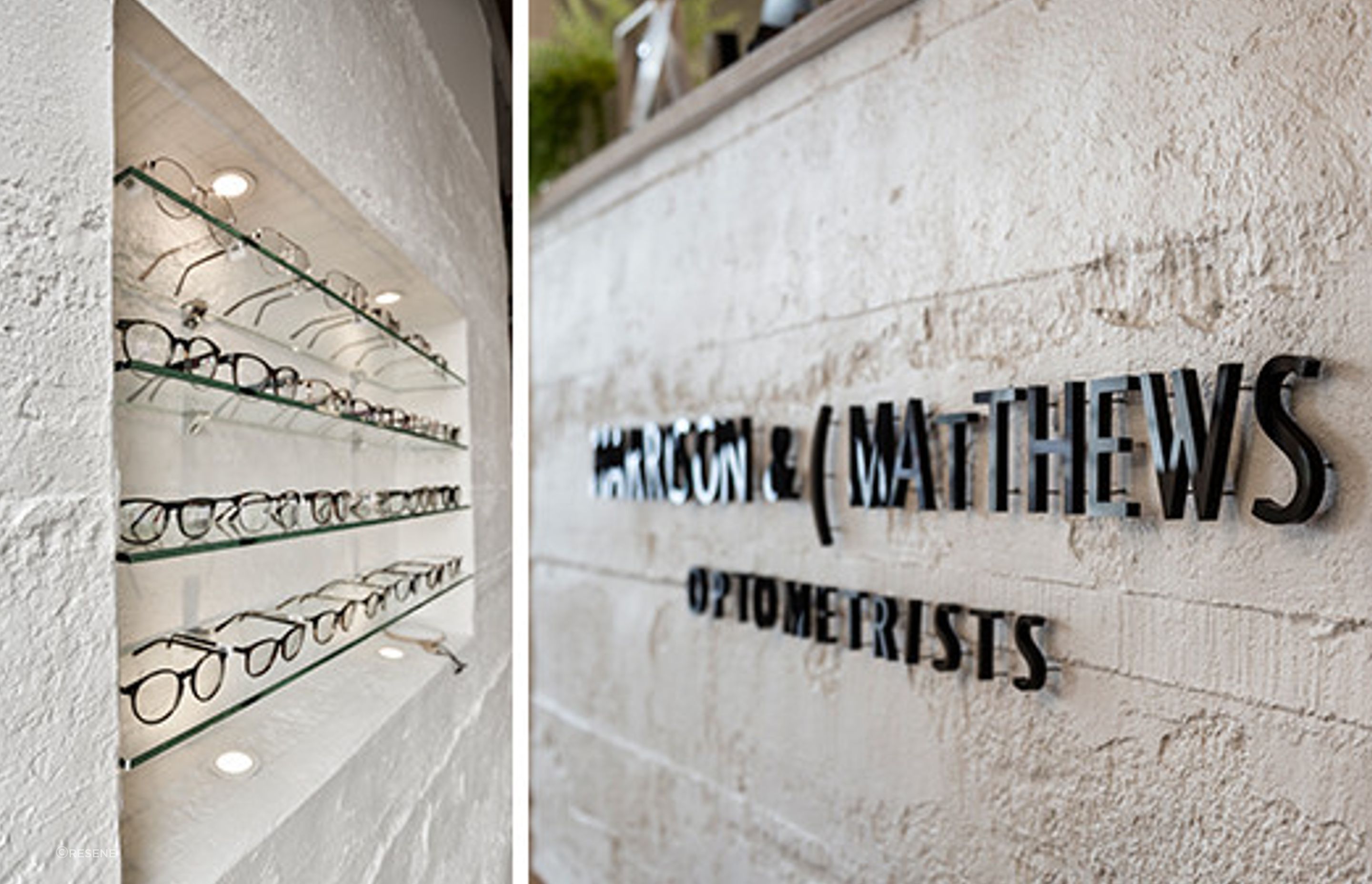 Muros Grey Roughcast Concrete wall panels were installed horizontally on walls, columns and the front counter then painted in Resene Black White at Harrison &amp; Mathews Optometrists in Ponsonby, Auckland. Design by The Fit Out Company.
