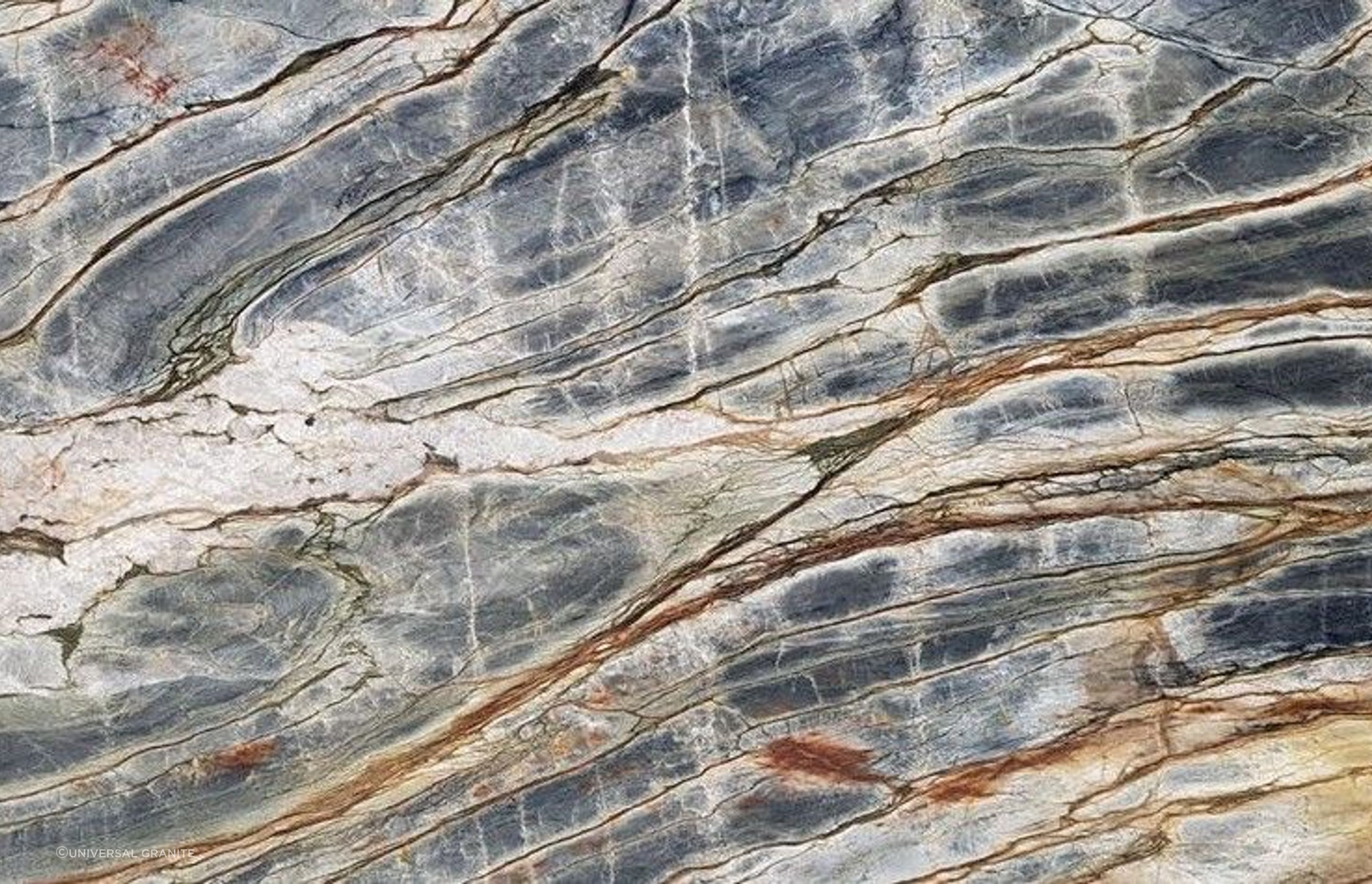 Hayley incorporated Universal Granite's Blue Tempest natural quartzite in her materials board, for its richly layered tones.