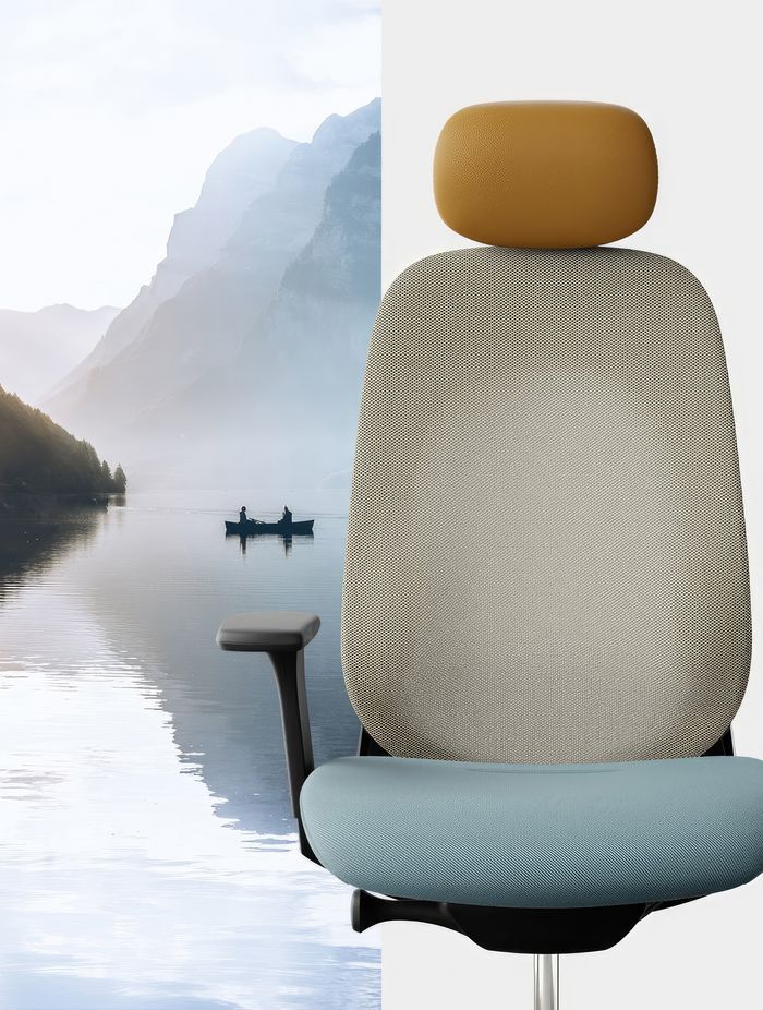 One of three combo's that form the 'Mindful nature seeker' colour trend - In combination of the tactile seat surface to the translucent mesh backrest, combining harmonic contrasts with soft pastels to reflect lightness and generate an overall calm expression.