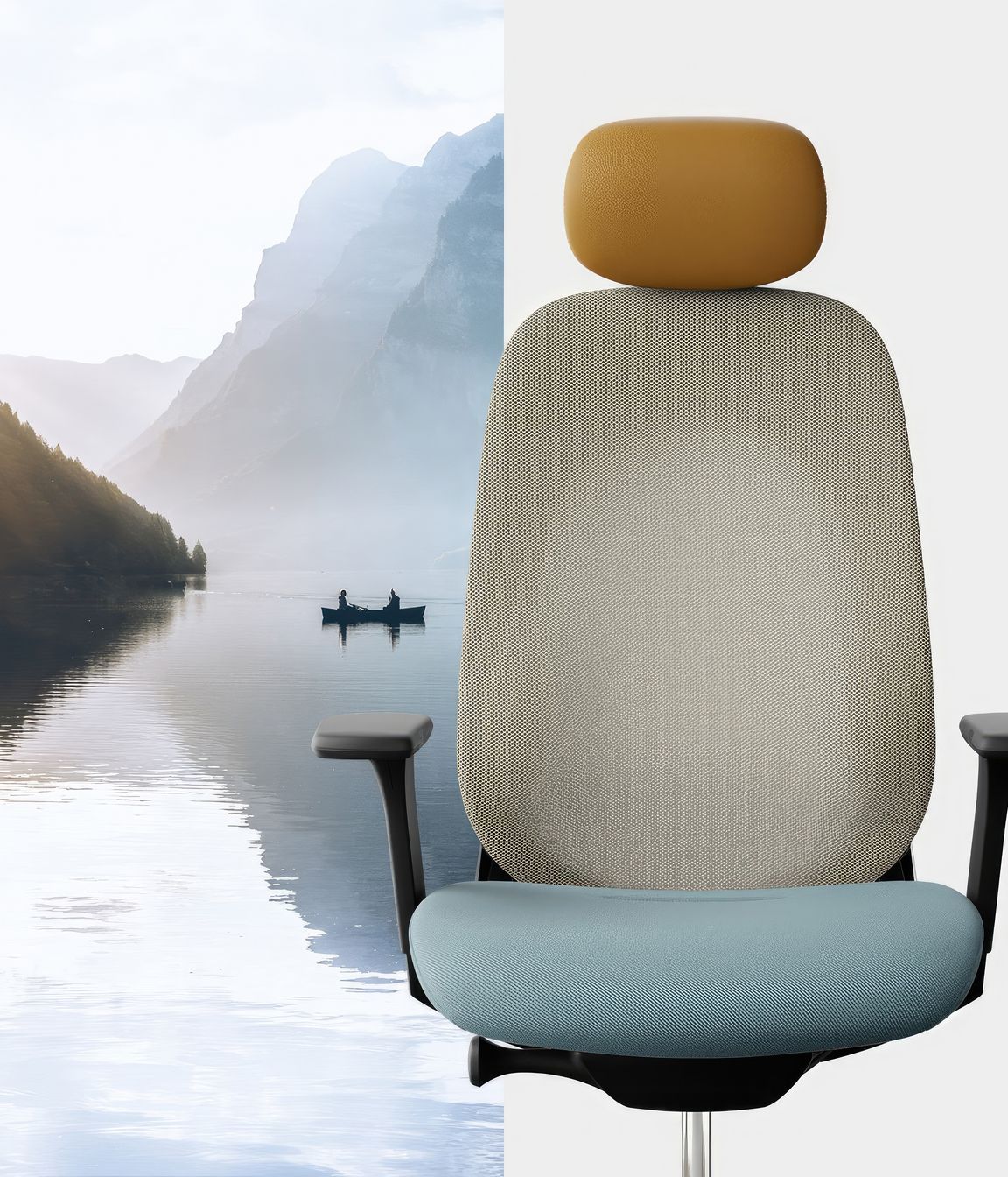 One of three combo's that form the 'Mindful nature seeker' colour trend - In combination of the tactile seat surface to the translucent mesh backrest, combining harmonic contrasts with soft pastels to reflect lightness and generate an overall calm expression.