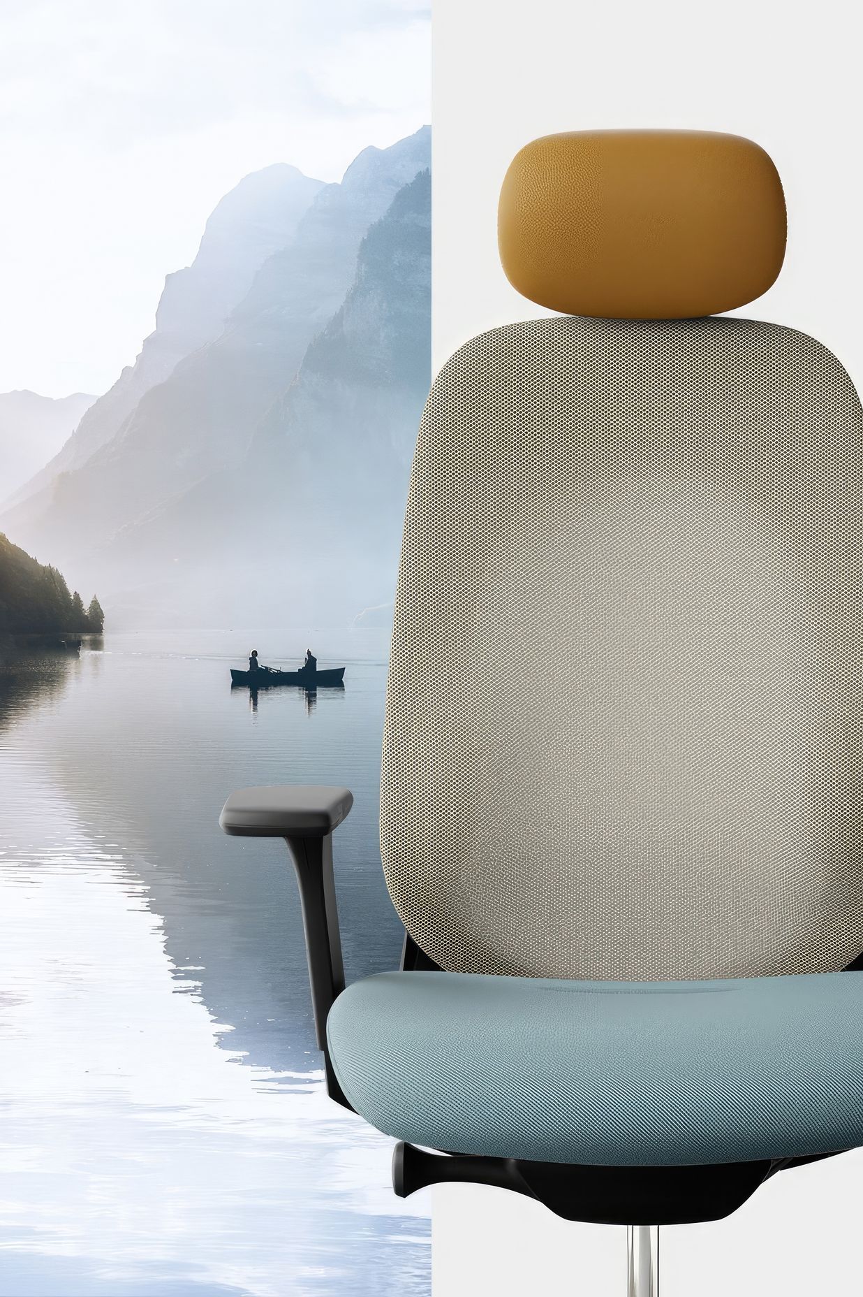One of three combo's that form the 'Mindful nature seeker' colour trend - In combination of the tactile seat surface to the translucent mesh backrest, combining harmonic contrasts with soft pastels to reflect lightness and generate an overall calm expression.