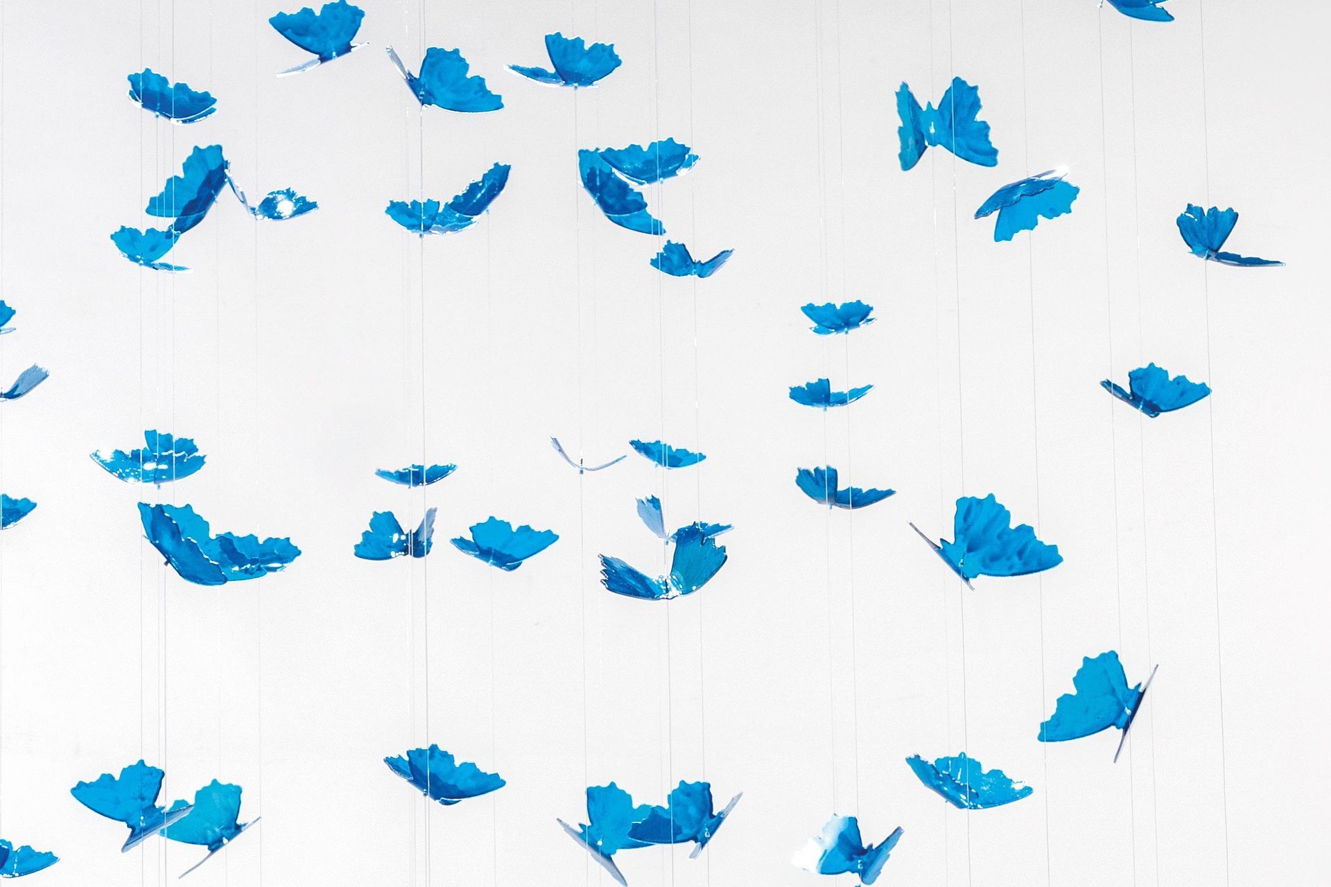 Dreamcatcher Chandelier is a "broken-down dreamcatcher" by Annalù who created a falling composition of hundreds of butterflies in hand-painted glass, each of different sizes.