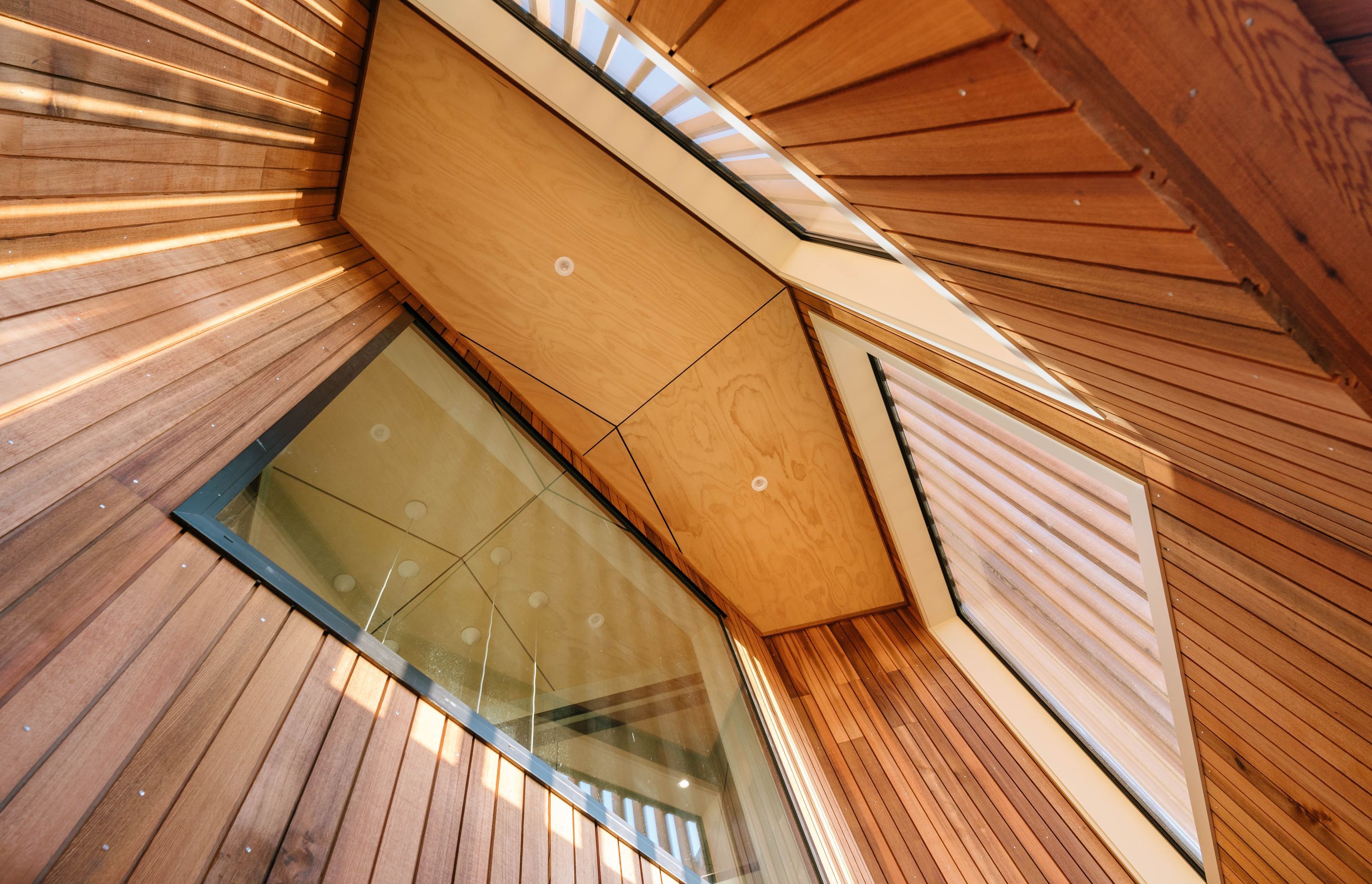 The front porch's birch plywood ceiling.