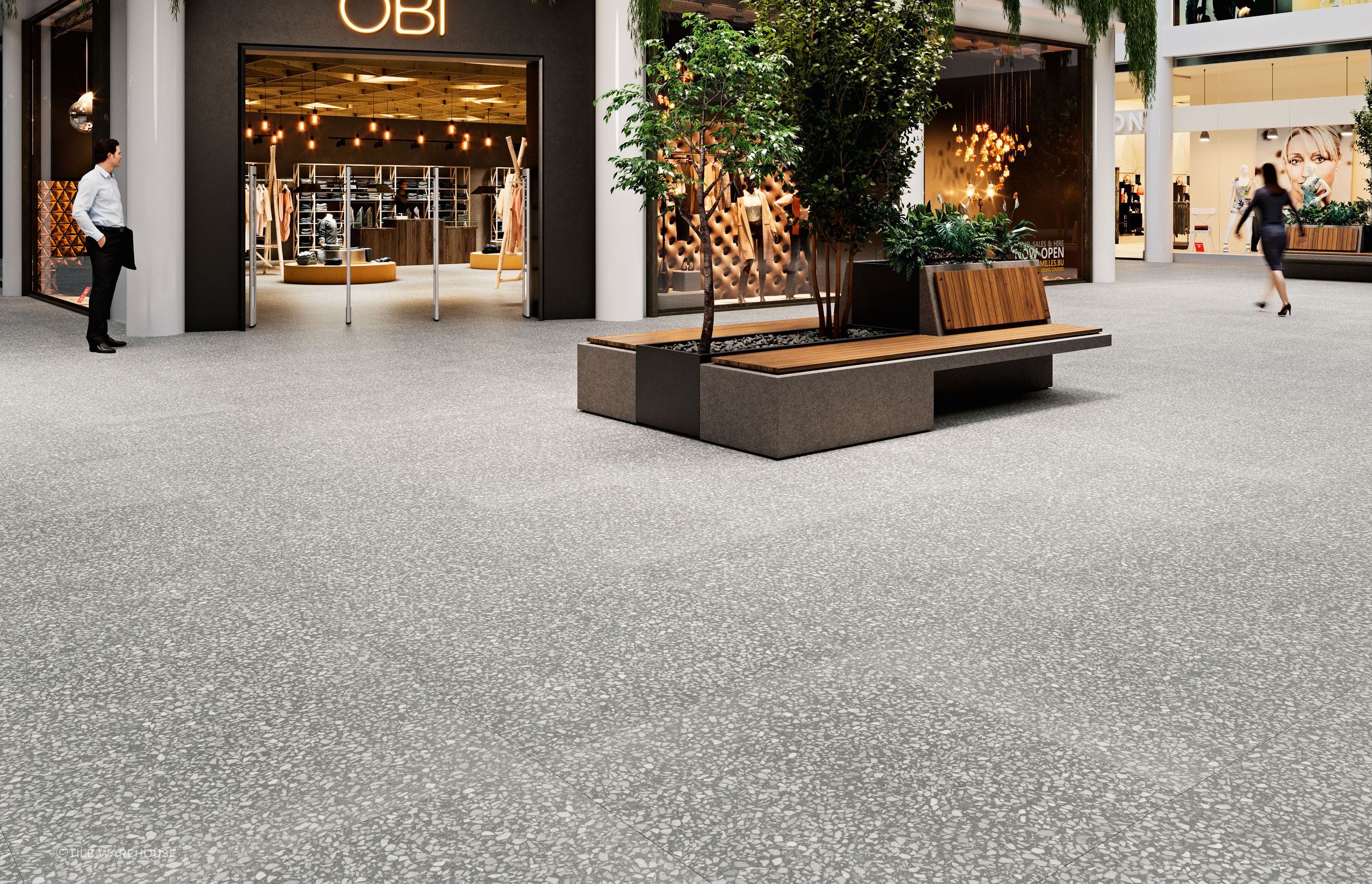 OBI is a contemporary floor tile in a large format, perfect for high traffic areas. Timeless terrazzo tile that offers a distinctive look in size 1000 x 1000mm.