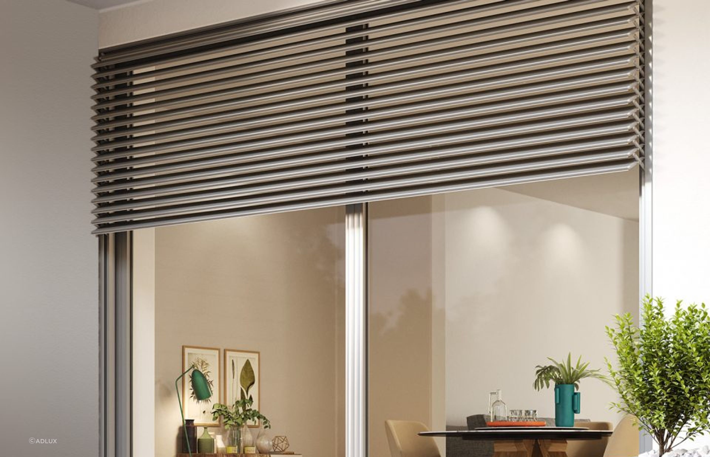 The elegant Oskura Retractable Louvre from Adlux is available with both vertical and horizontal movement.