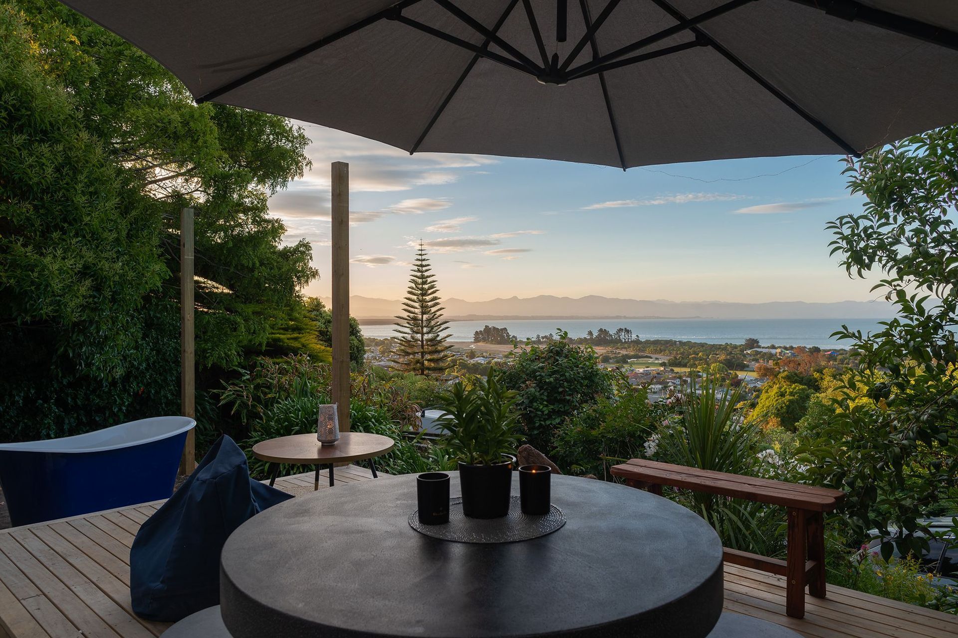 Outdoor deck with stunning views over the Tasman Bay