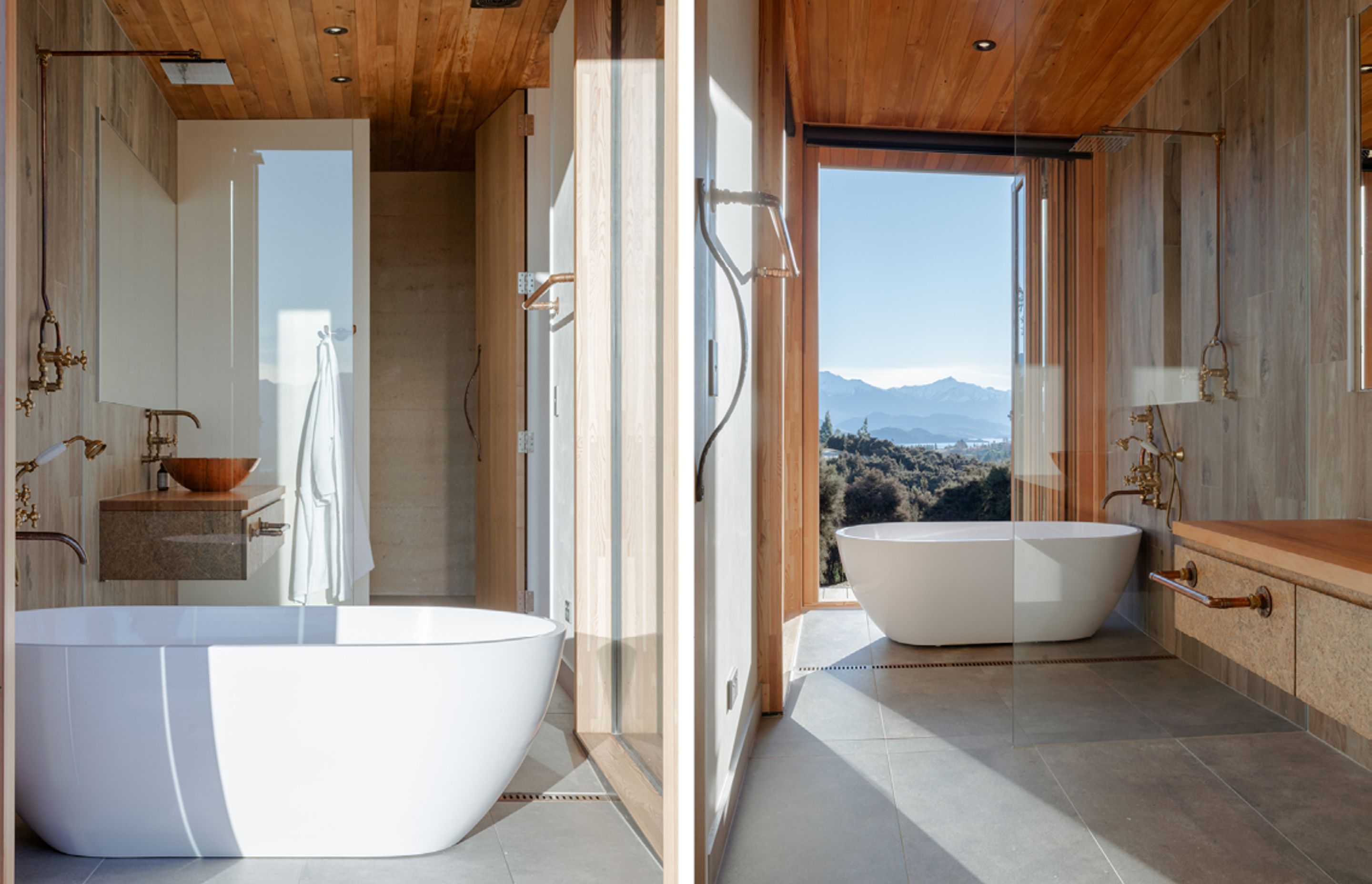 The free-standing bath, in the main ensuite, sits within its own enclave with bi-folding doors that open directly to the deck while the wet-area shower features an industrial-style exposed copper pipe shower rail.