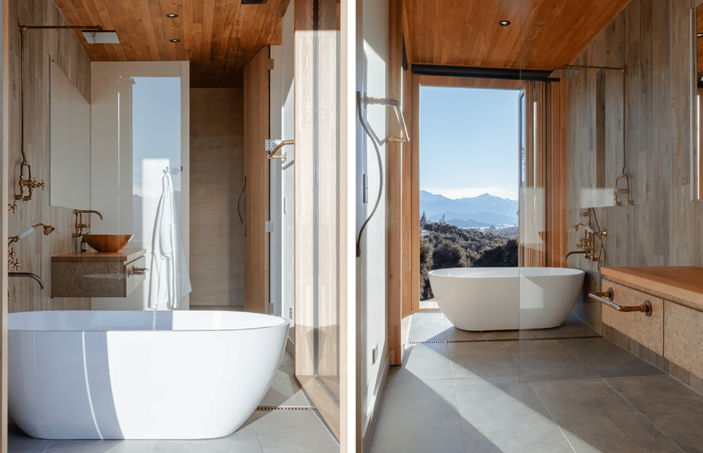 The free-standing bath, in the main ensuite, sits within its own enclave with bi-folding doors that open directly to the deck while the wet-area shower features an industrial-style exposed copper pipe shower rail.