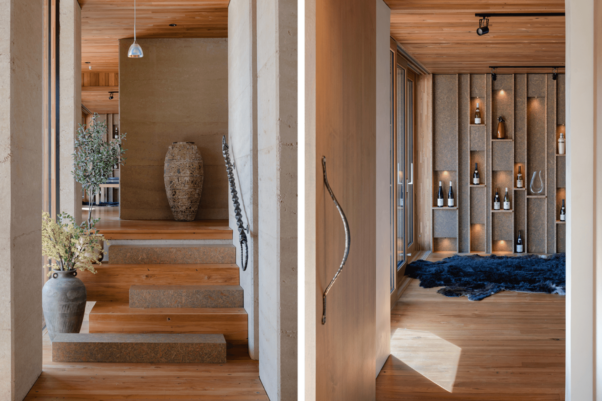 Strand board elements can be found throughout the home, in this instance as every second stair and also on the custom feature wall in the second lounge, which displays some of the owner's—a wine maker—collection of wines.