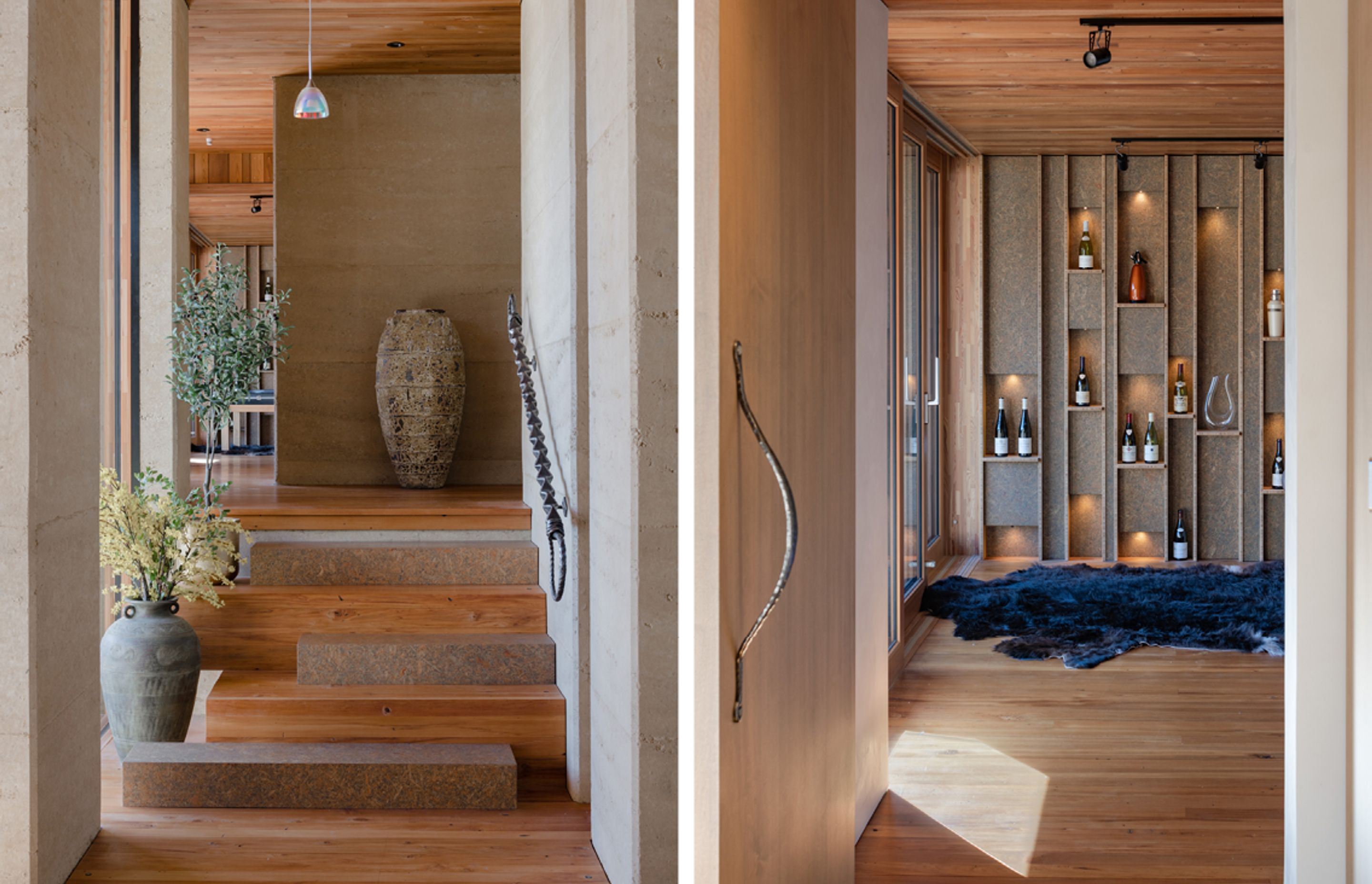 Strand board elements can be found throughout the home, in this instance as every second stair and also on the custom feature wall in the second lounge, which displays some of the owner's—a wine maker—collection of wines.