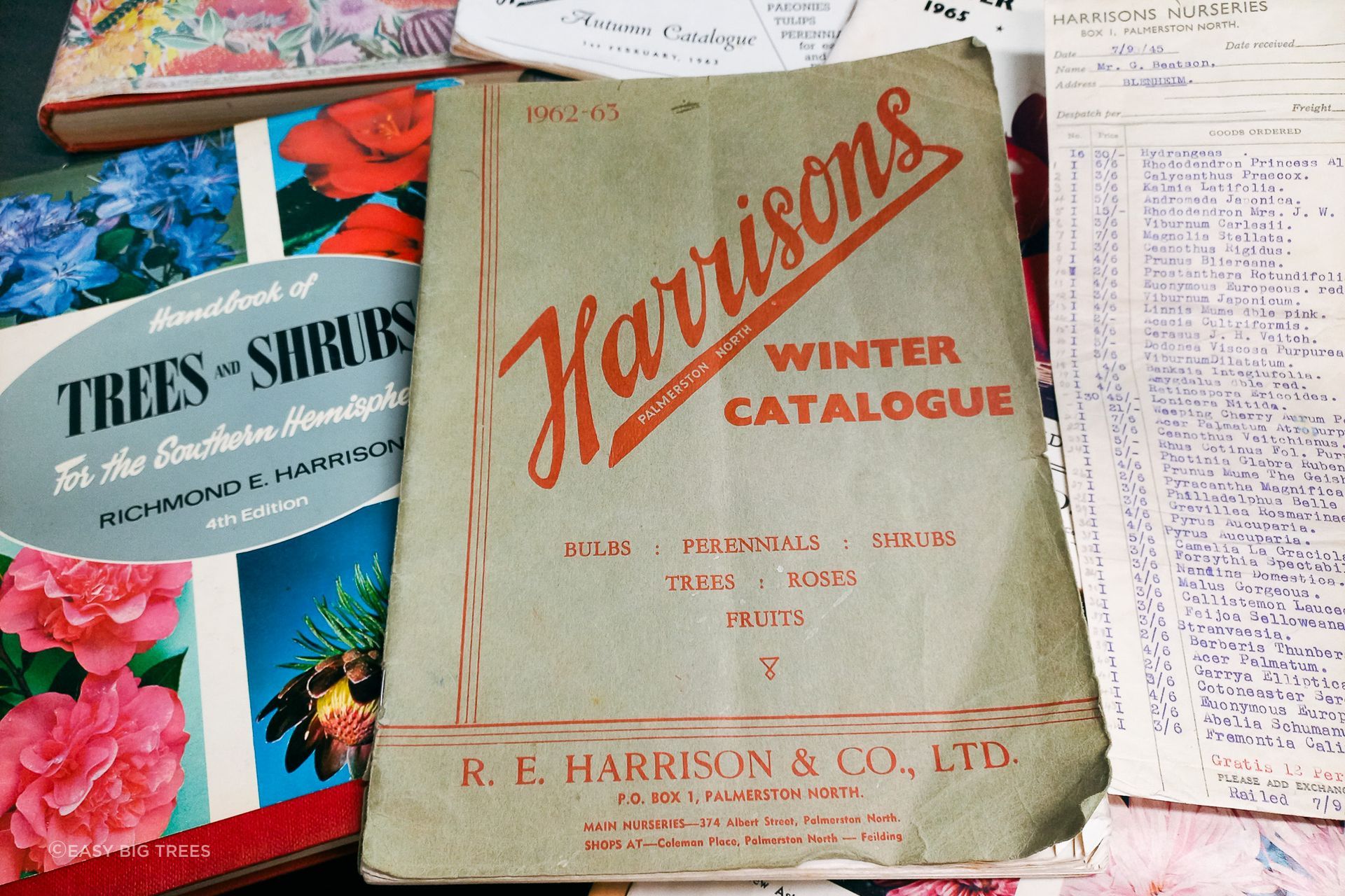 Historic editions of the Harrisons Trees &amp; Shrubs catalogues, inlcuding the Winter Catalogue form 1962.