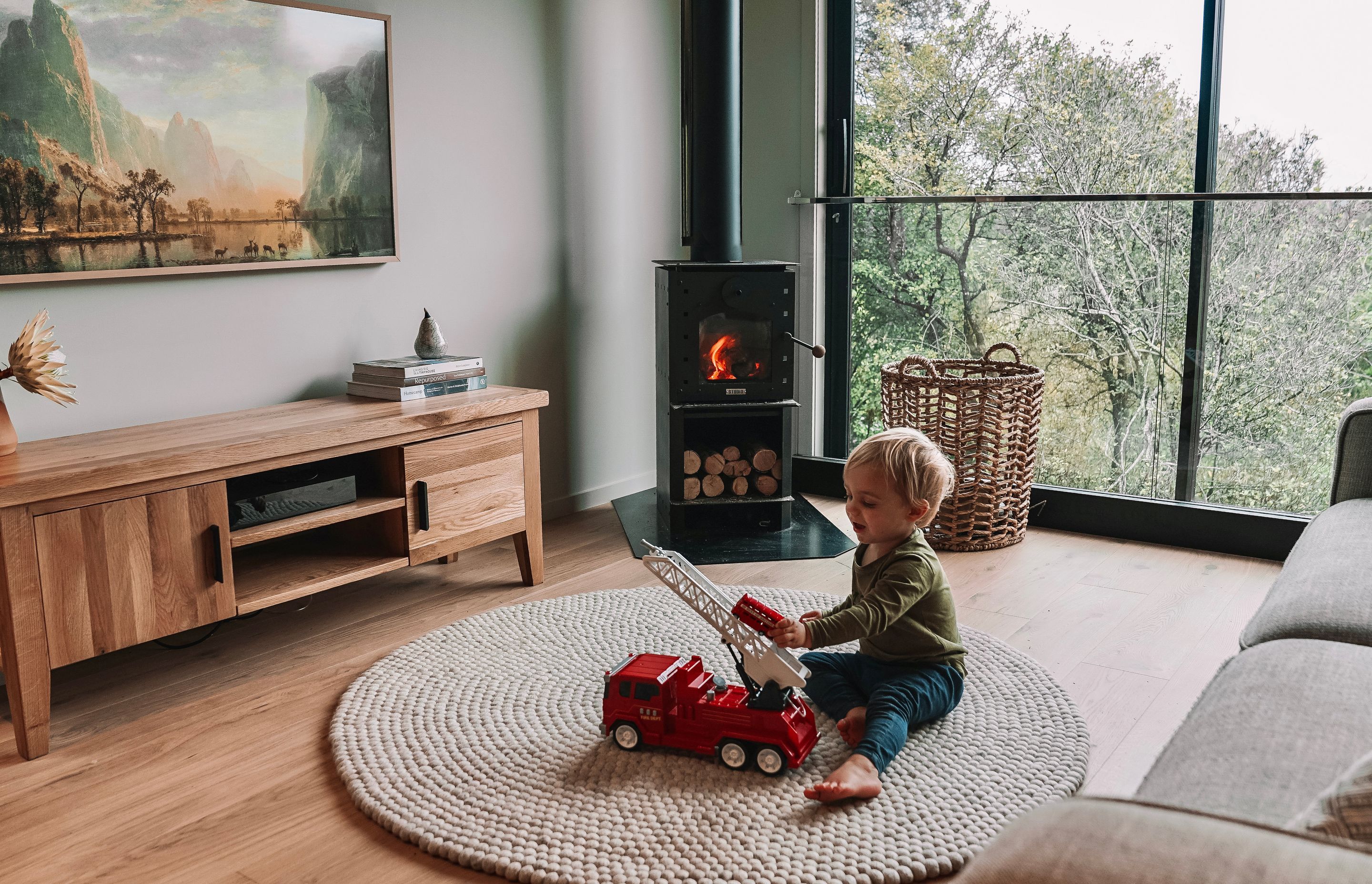 Leo playing in front of Willem's beloved fireplace.