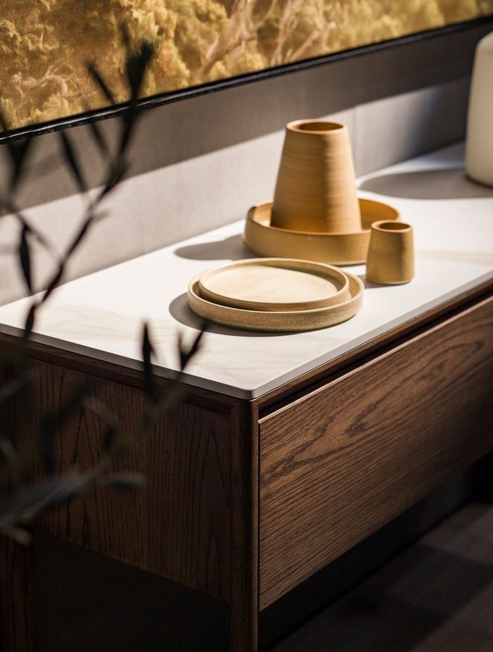 Otway console in light walnut with porcelain top