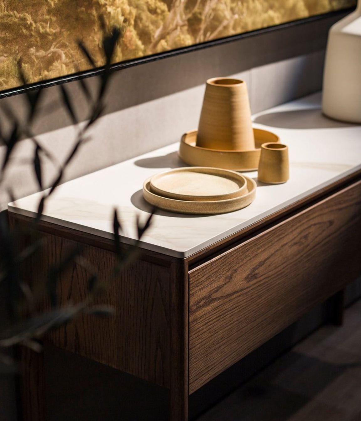 Otway console in light walnut with porcelain top