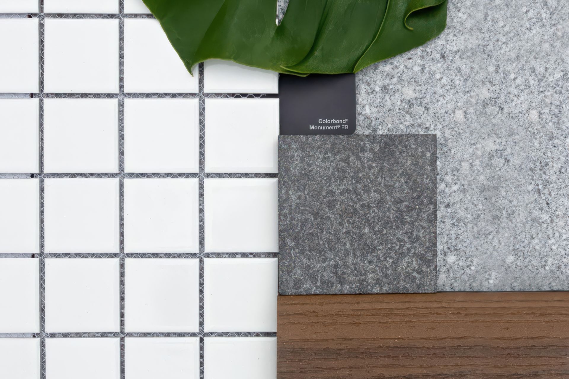 MONOTONE MELBOURNE

Residential White 48x48mm with Ash Granite (background tile) and Panther Black Granite (small swatch) from Pavers Plus