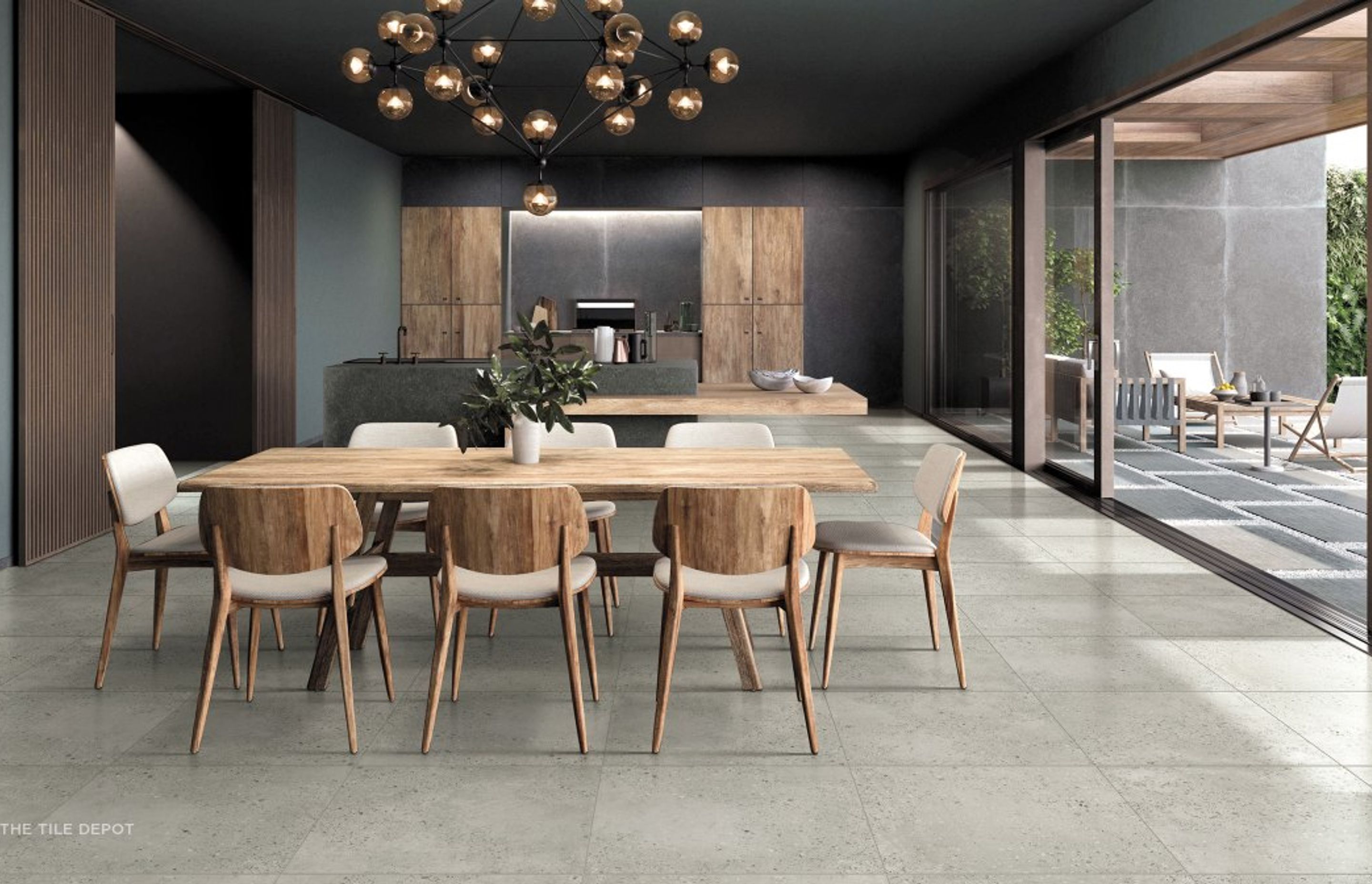 These glazed porcelain tiles give a high end natural stone look because of their grey matte finish. The appearance of grout lines is also minimal because the grout lines are very thin and almost match the colour of the tiles. (Porfido collection, Tile Dep