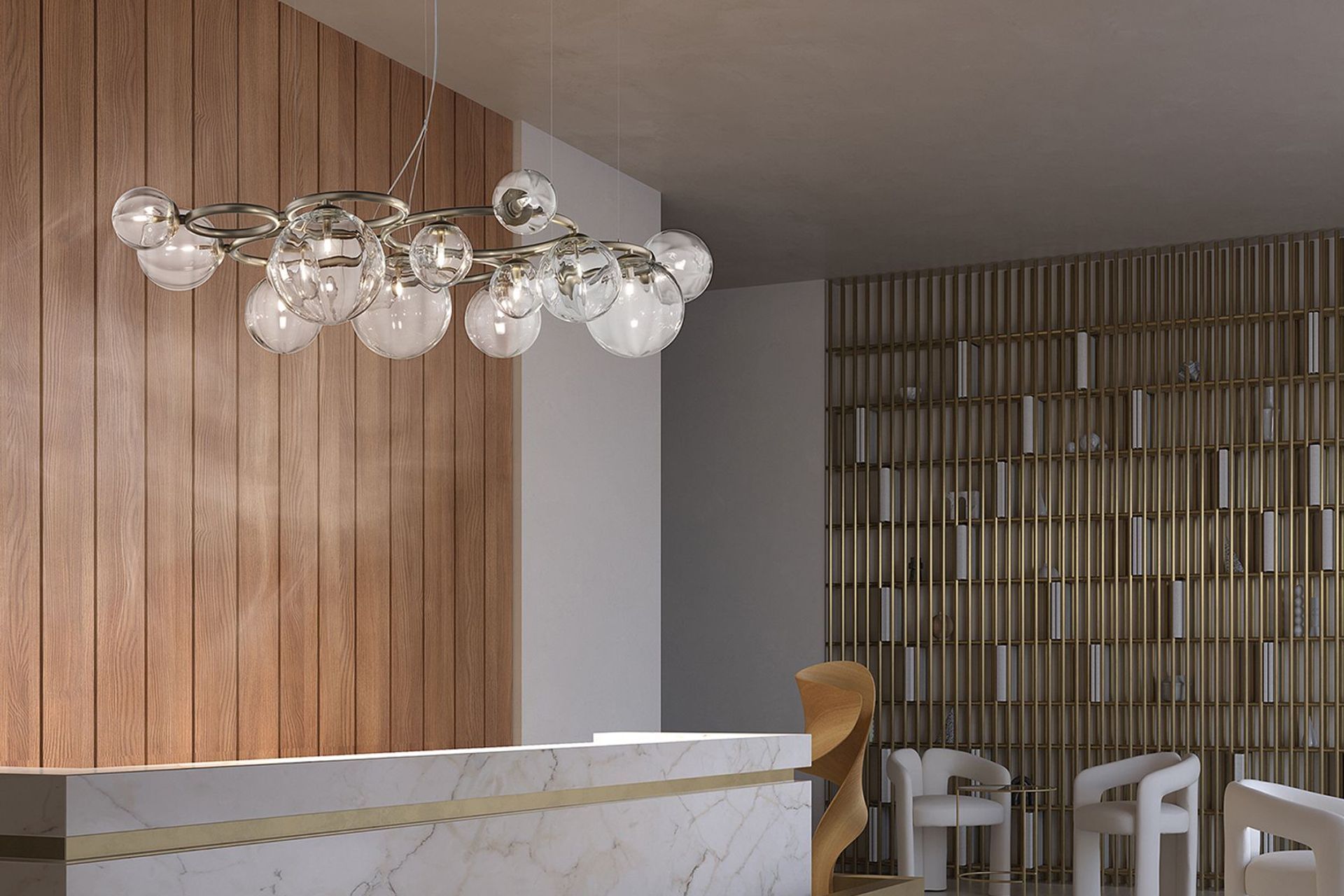 The Puppet Ring collection inlcudes six different size pendants and a wall light, available with crystal, smoked, amber or white glass shades and a gold or matt black nickel frame