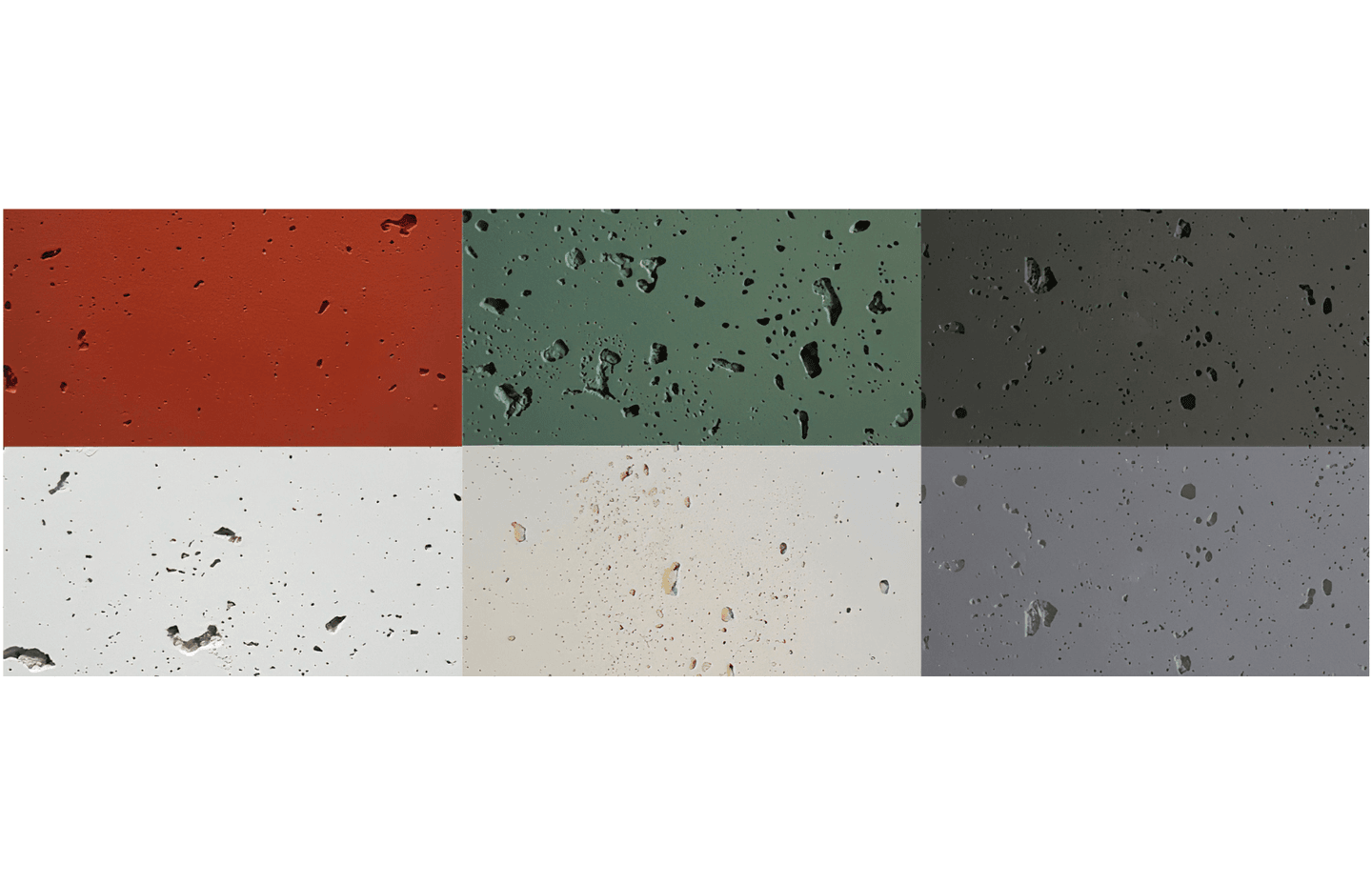 Pitted Concrete colourways: Lava lava, Bauhaus, Domino, Half-stonewashed, Ivory and Concrete