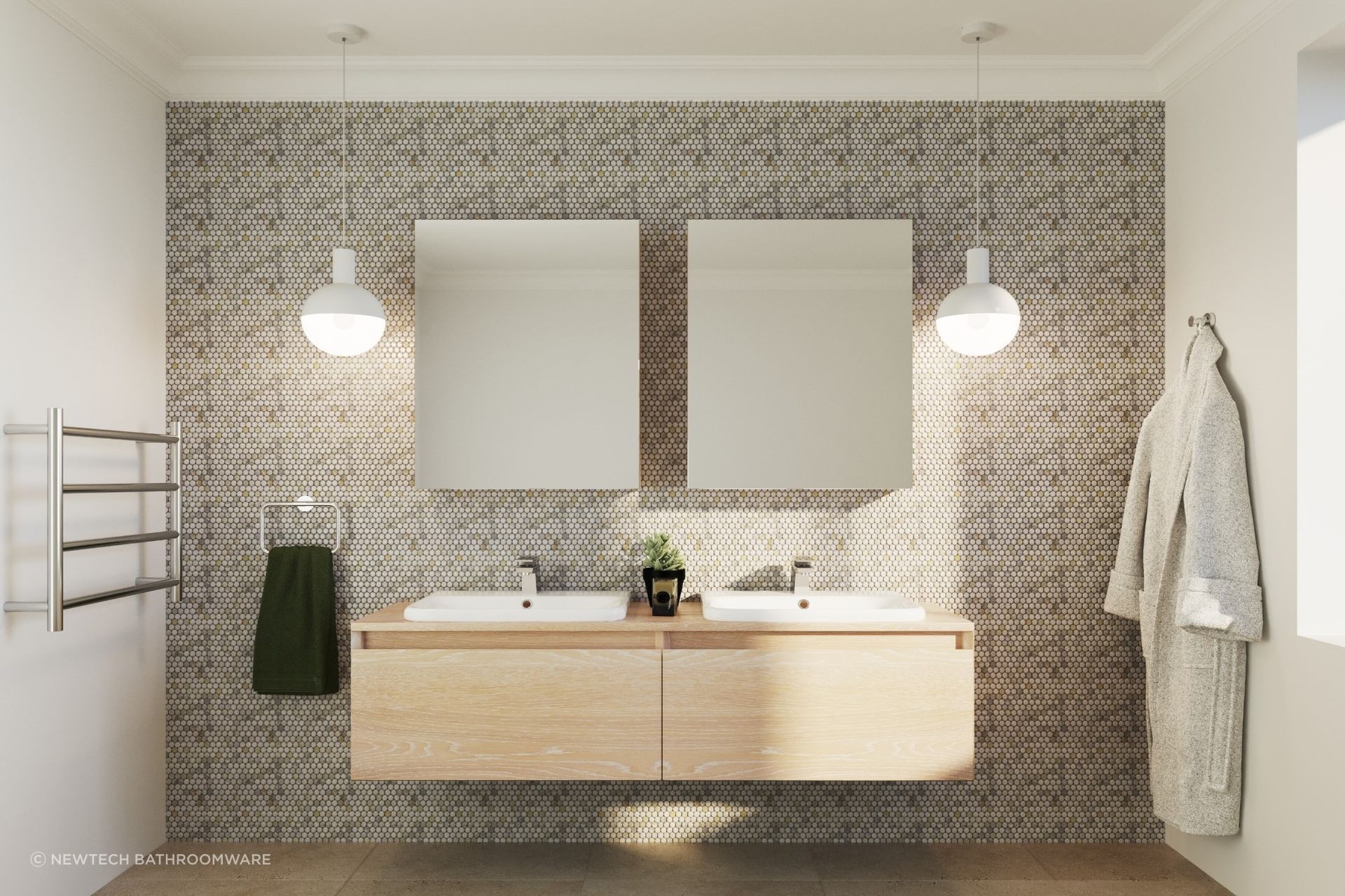 A bathroom vanity like the Ravani Double Height Wall Cabinet provides ample storage for minimalist styling.