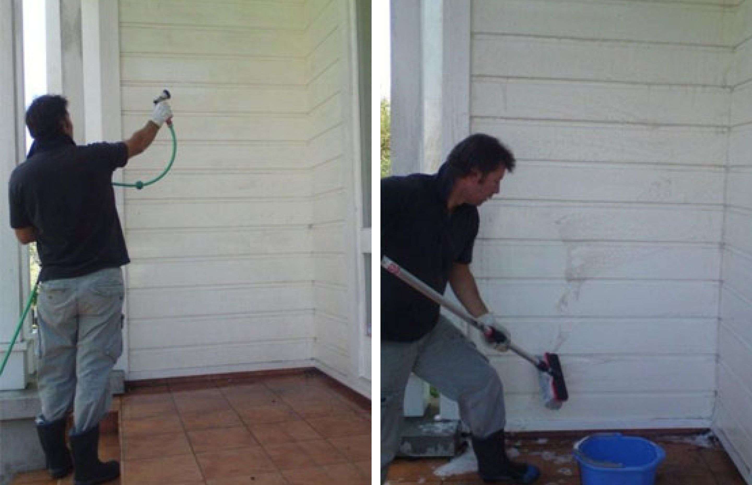 When prepping existing weatherboards, rinse down the surface to remove any loose particles, then, using a product such as Resene Paint Prep and House Wash, thoroughly wash down the surface with an outdoor brush. A smaller brush or 3M scouring pad is idea