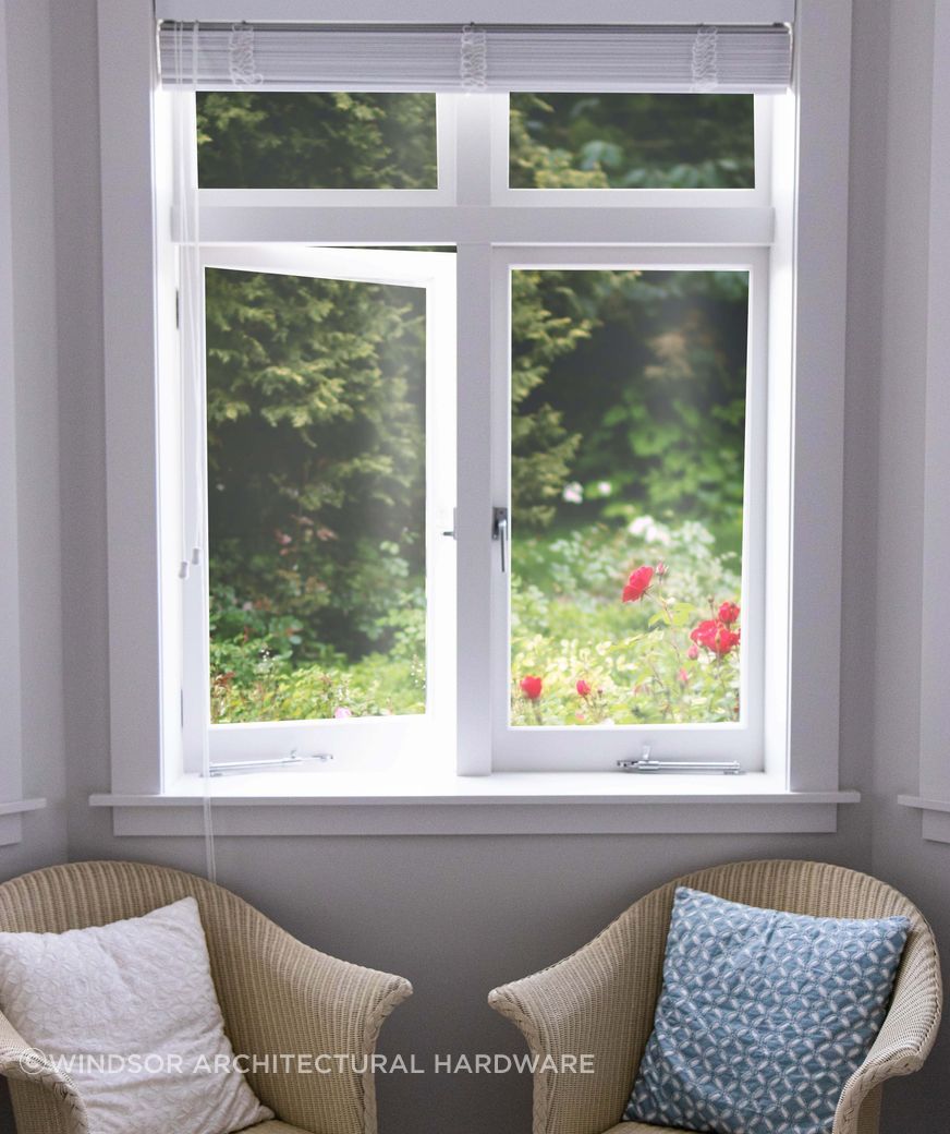 Timber windows can retain traditional style hardware such as these casement stays, or be upgraded to a more modern look and feel