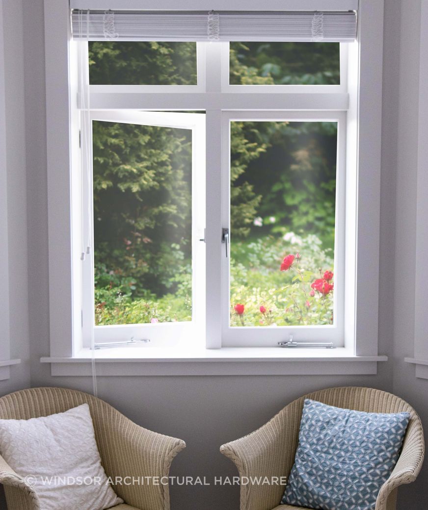 Timber windows can retain traditional style hardware such as these casement stays, or be upgraded to a more modern look and feel