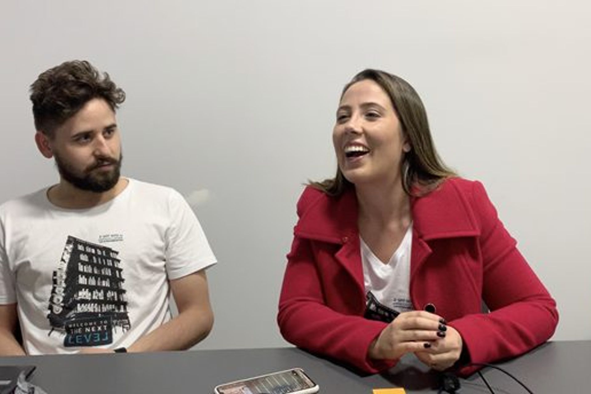 Speaking with Matheus and Claudia.