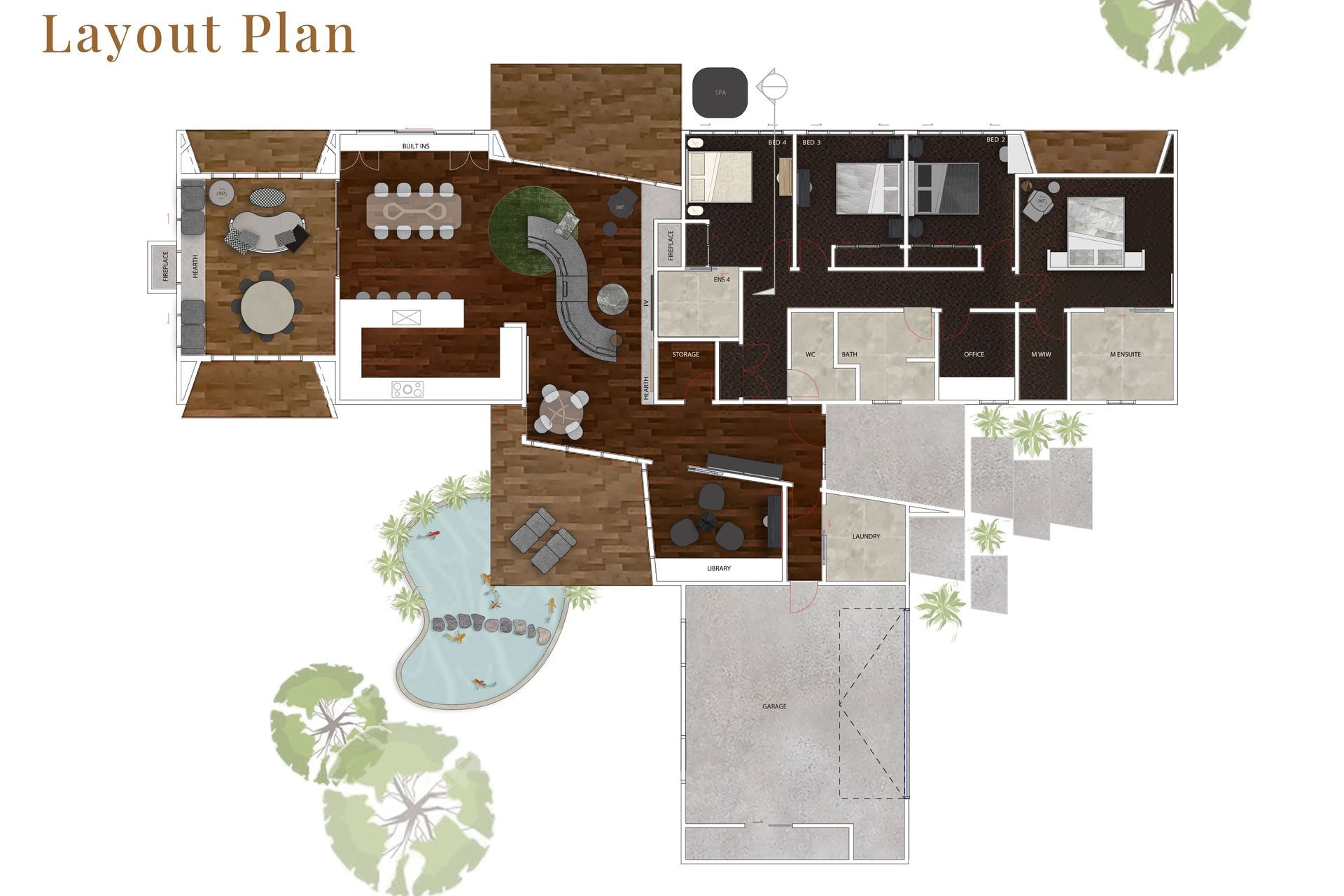 After spatial and flow planning, the team produced a layout plan to demonistrate exact and ideal placement of furniture pieces.