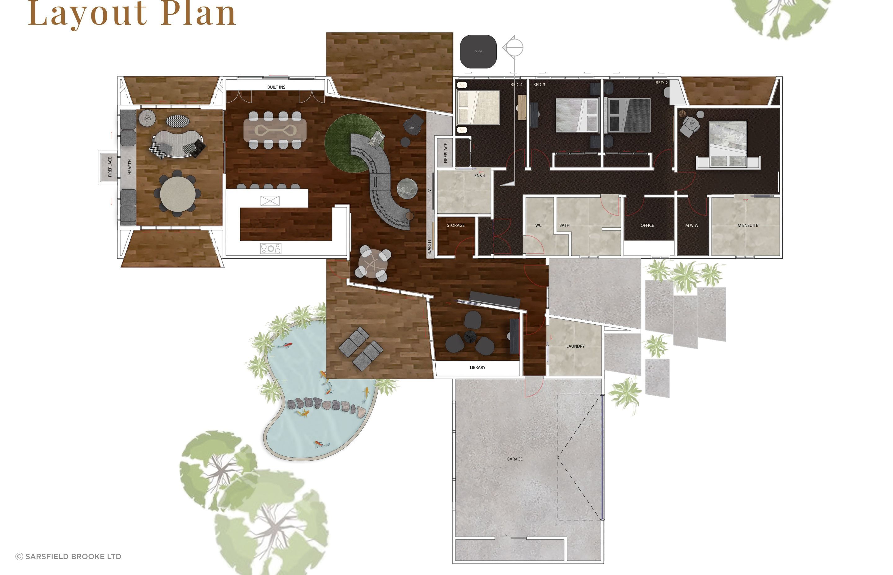 After spatial and flow planning, the team produced a layout plan to demonistrate exact and ideal placement of furniture pieces.