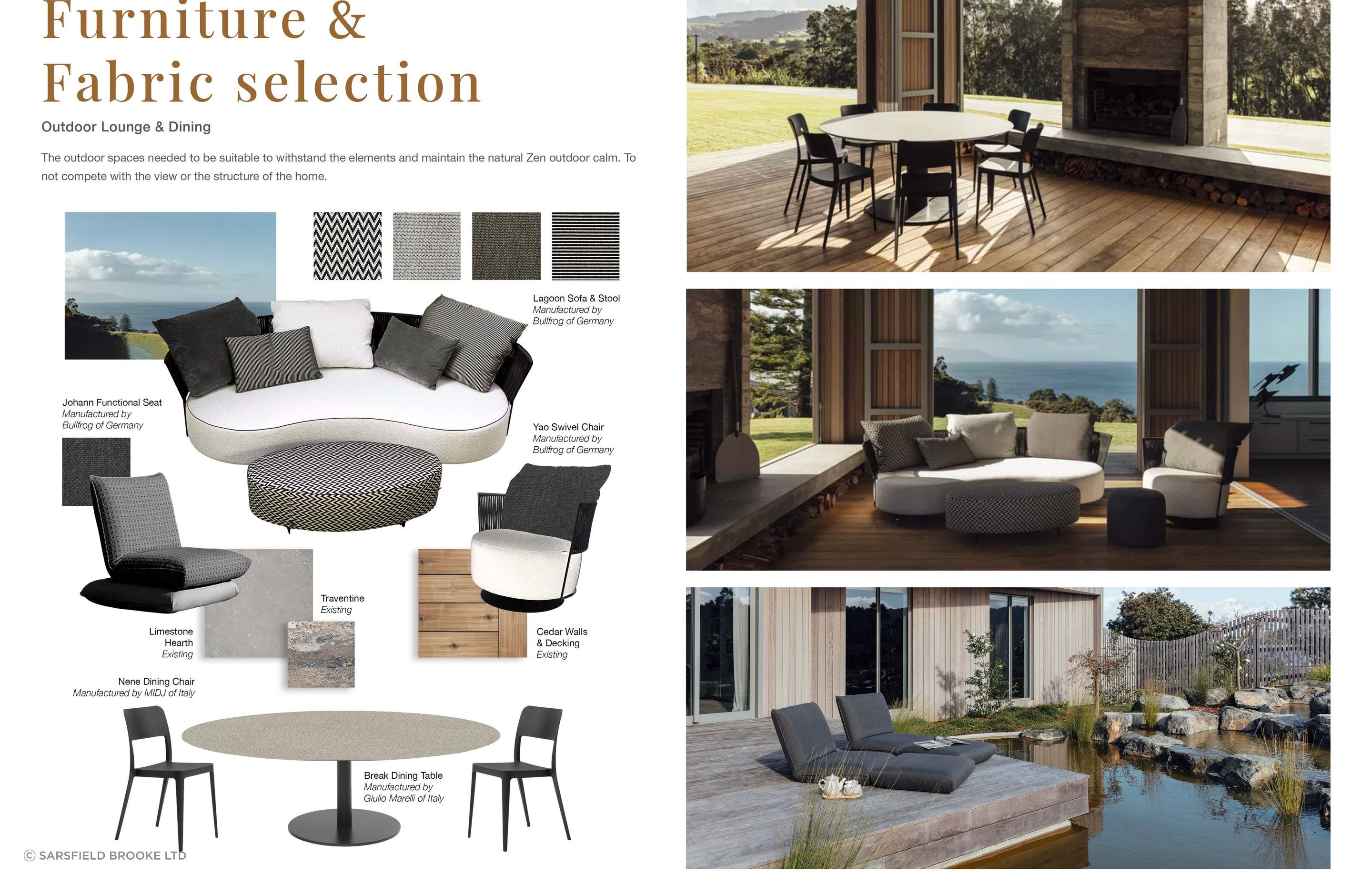 Furniture selection was carefully curated to suit the Matakana home, including the outdoor seating. Mood boards are built to include actual choices in furniture and fabric – demonstrating Sarsfield Brooke's strength in customisation for any project.