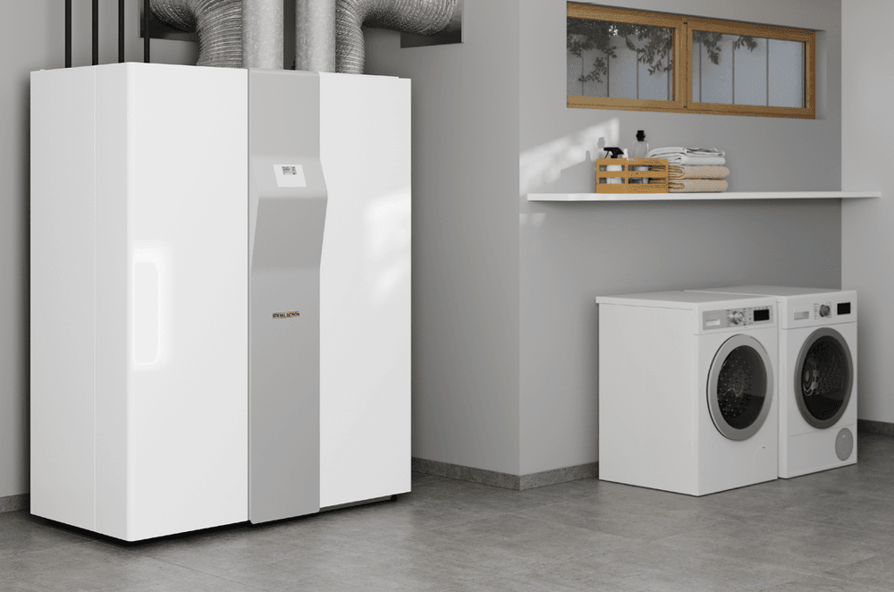 With a footprint less than 1.5 square meters, the Stiebel Eltron LWZ 8CS provides heating/cooling, hot water and ventilation services in one unit.