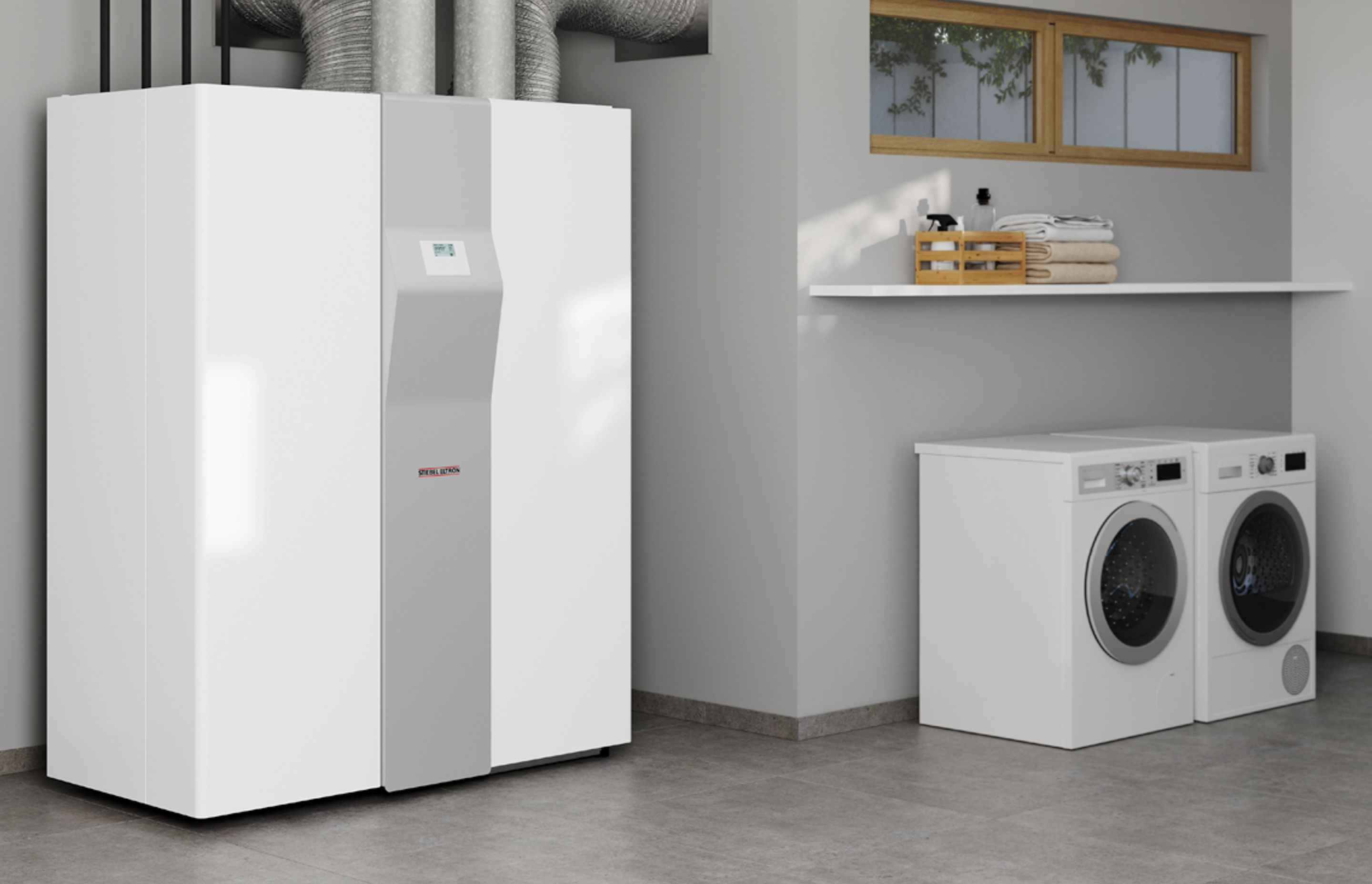With a footprint less than 1.5 square meters, the Stiebel Eltron LWZ 8CS provides heating/cooling, hot water and ventilation services in one unit.
