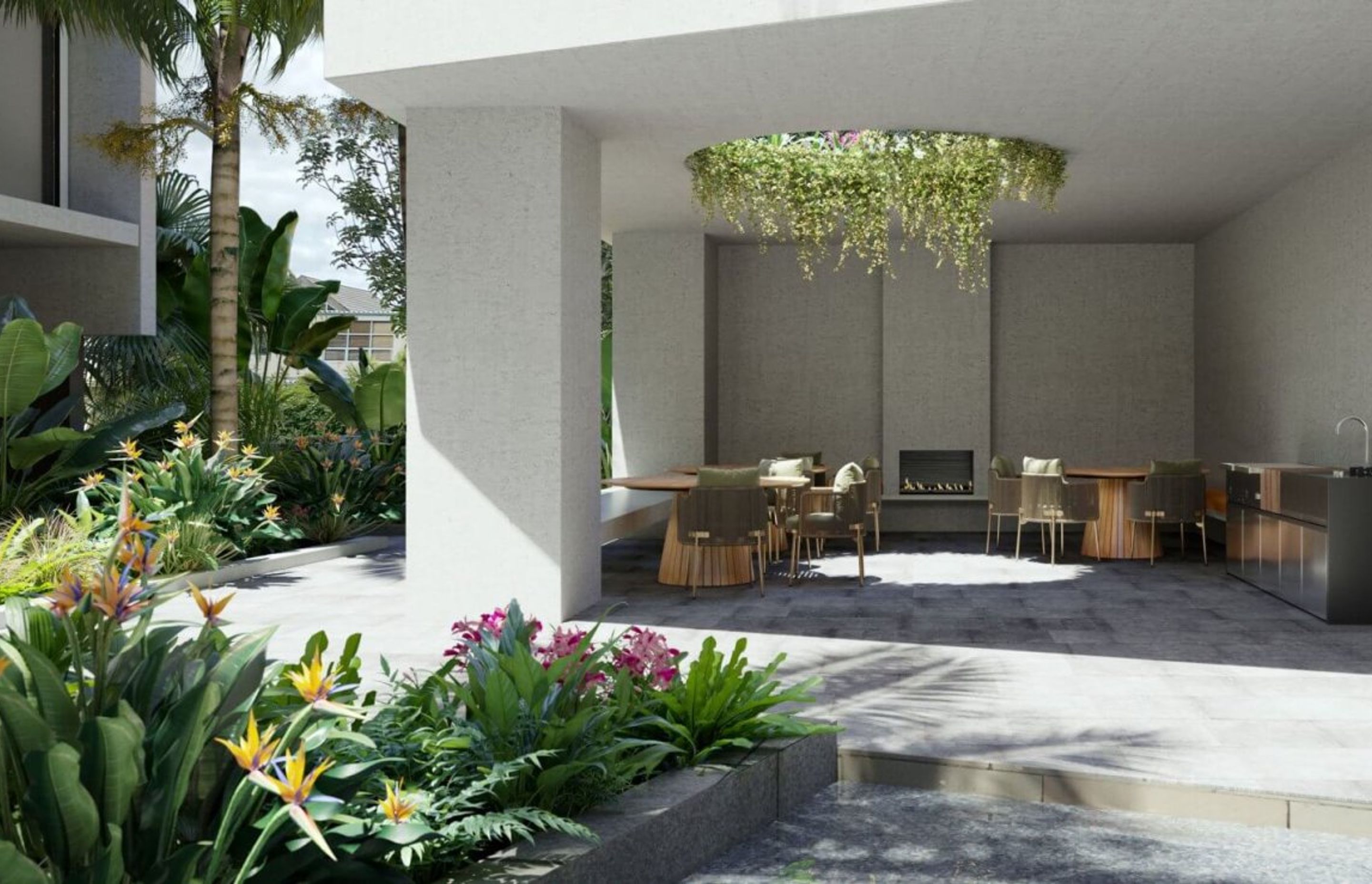 Greenery hangs down through a circular cut out in the roof of the poolside lounging and barbecue area.