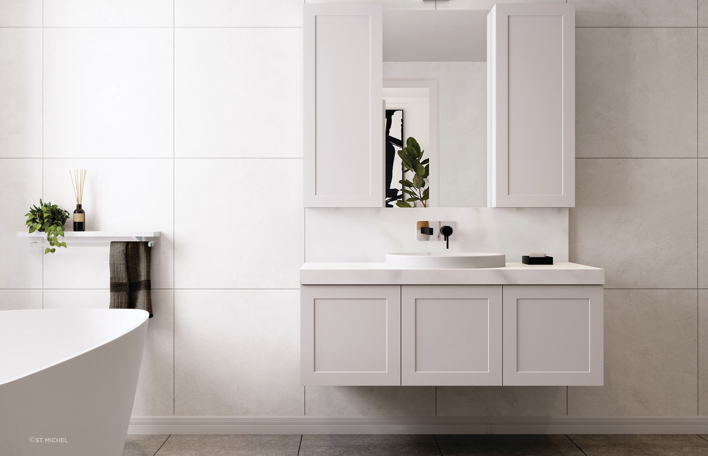 Floating vanities like the impeccable London Vanity help enhance the illusion of space.